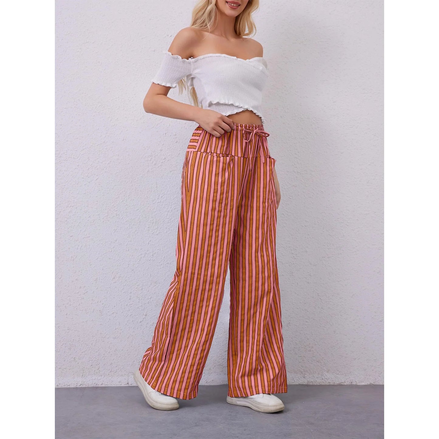 TEMOFON Womens Wide Leg Pants Drawstring Striped Trousers Loose Casual High Waist Pants Comfy gingham pants with Pockets