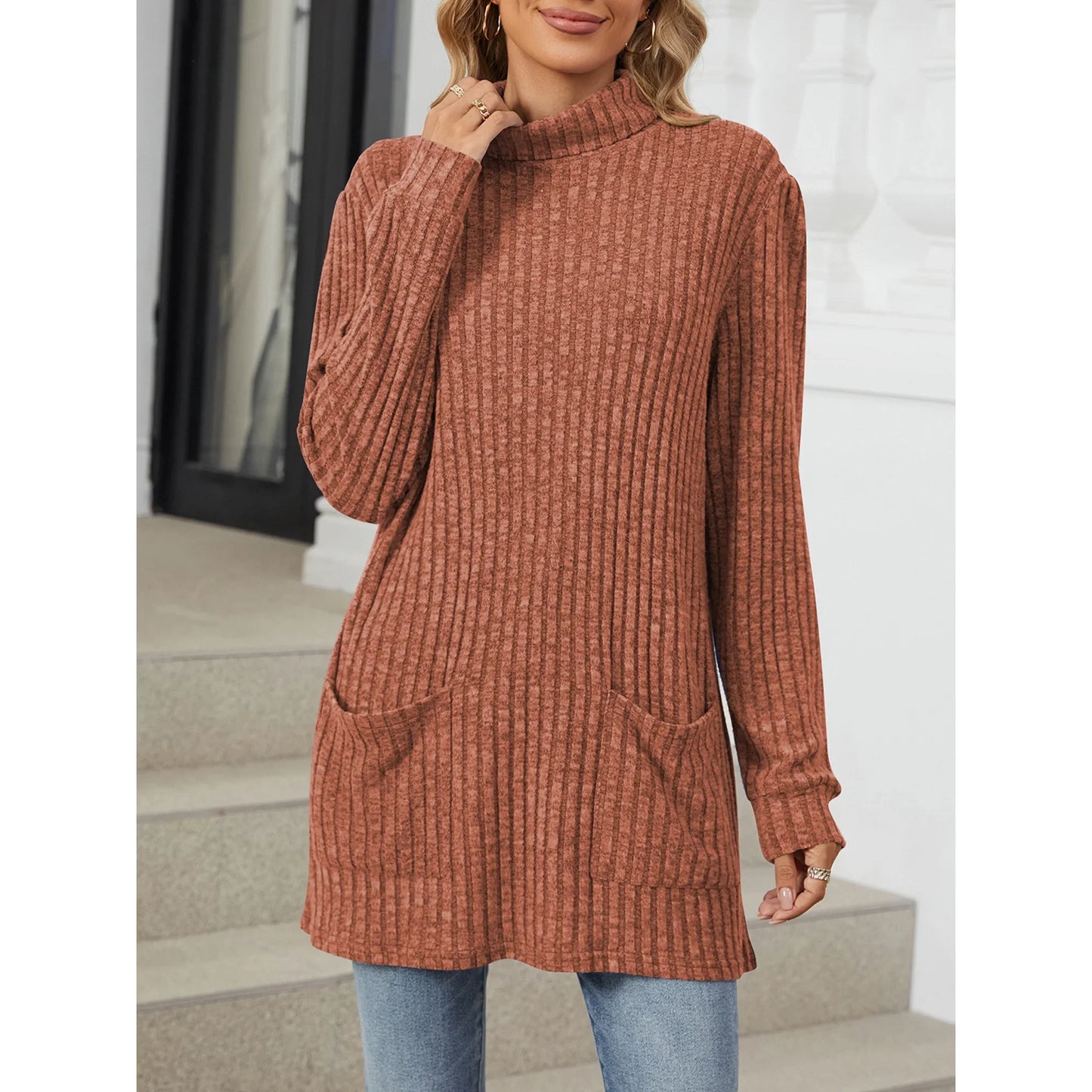 TEMOFON Sweaters for Women Long Sleeve Knit Tunic Tops Fall Casual Turtleneck Loose Fit Pullover with Pocket Size XL