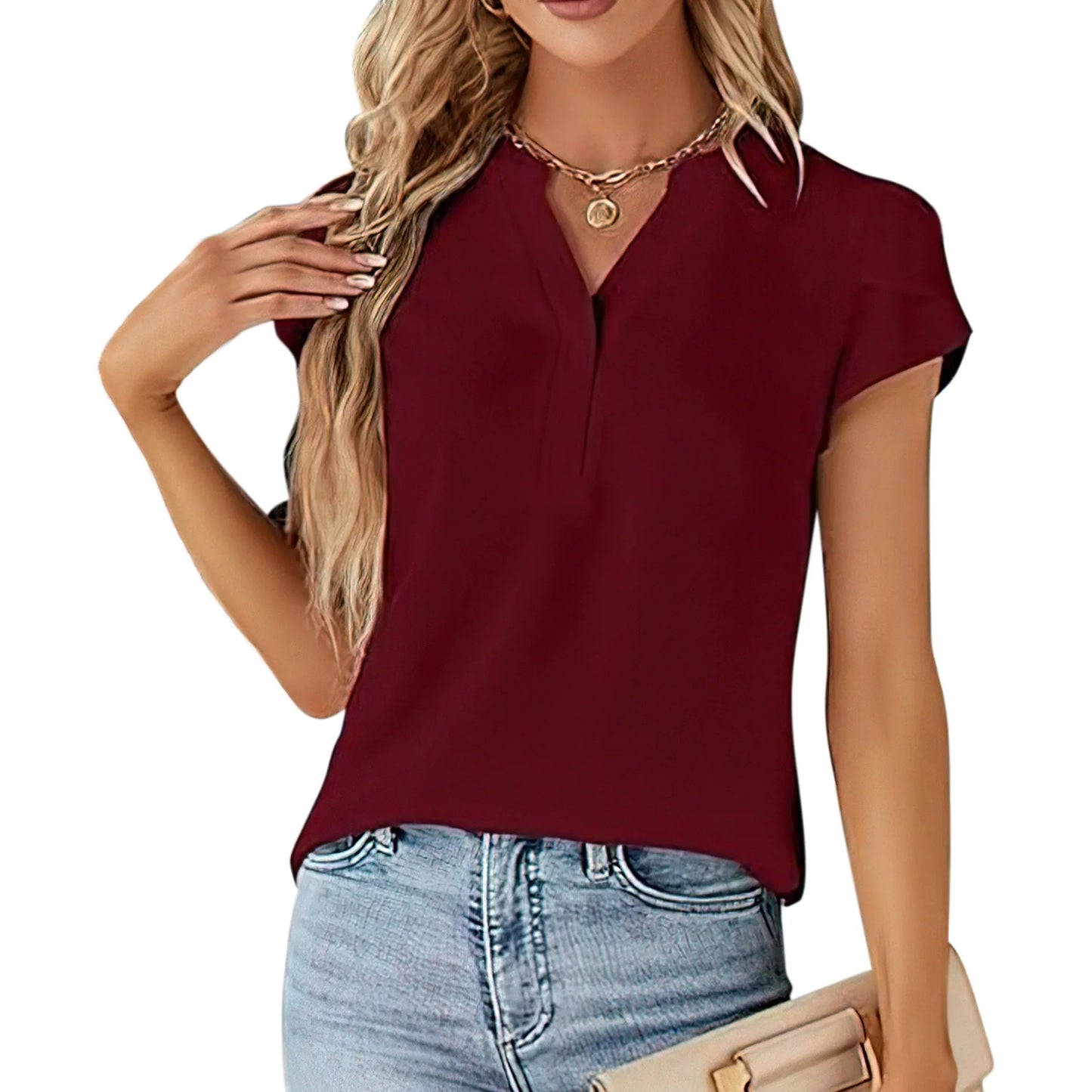 VDJ Womens Blouses Short Sleeve Button V Neck Business Casual Going Out Tops Trendy Red T Shirts Size L