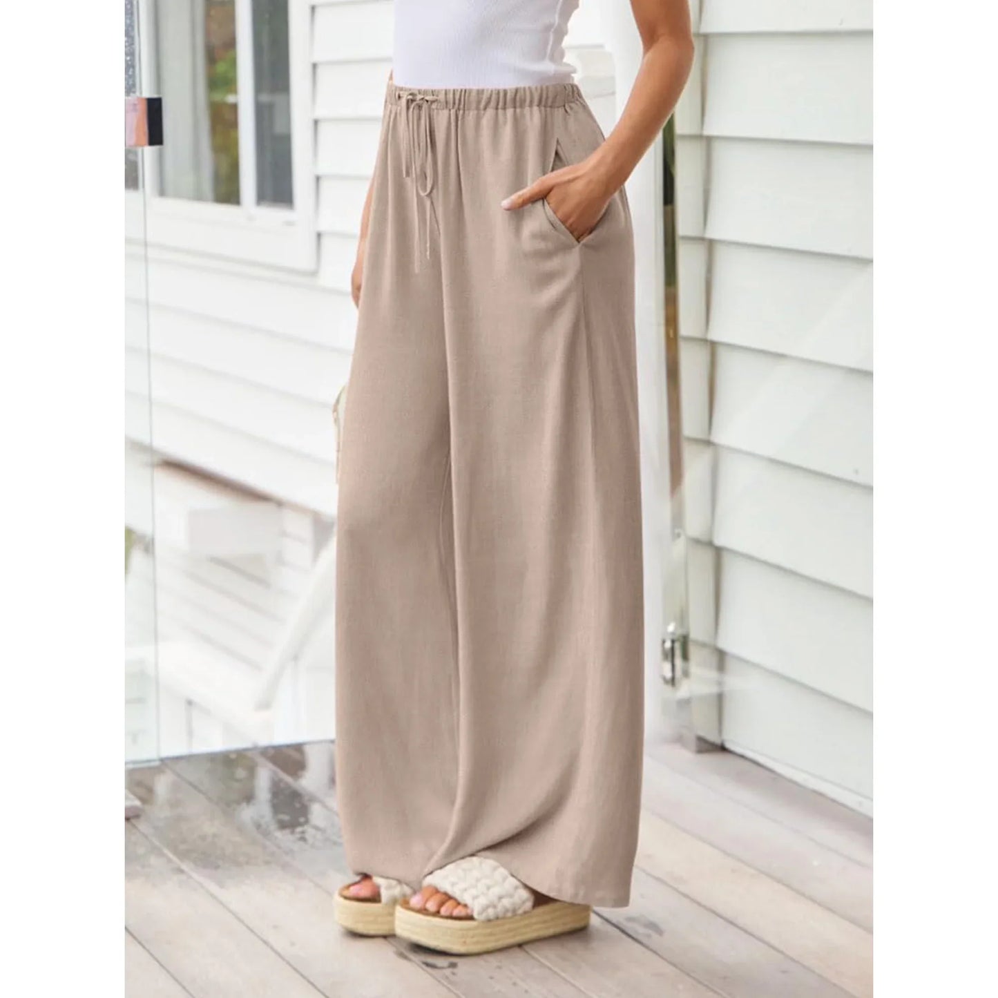 TEMOFON Pants for Women Wide Leg Linen Pant Summer Casual Palazzo Khaki Flowy Pants with Pocket Drawstring Loose Lightweight Pants L