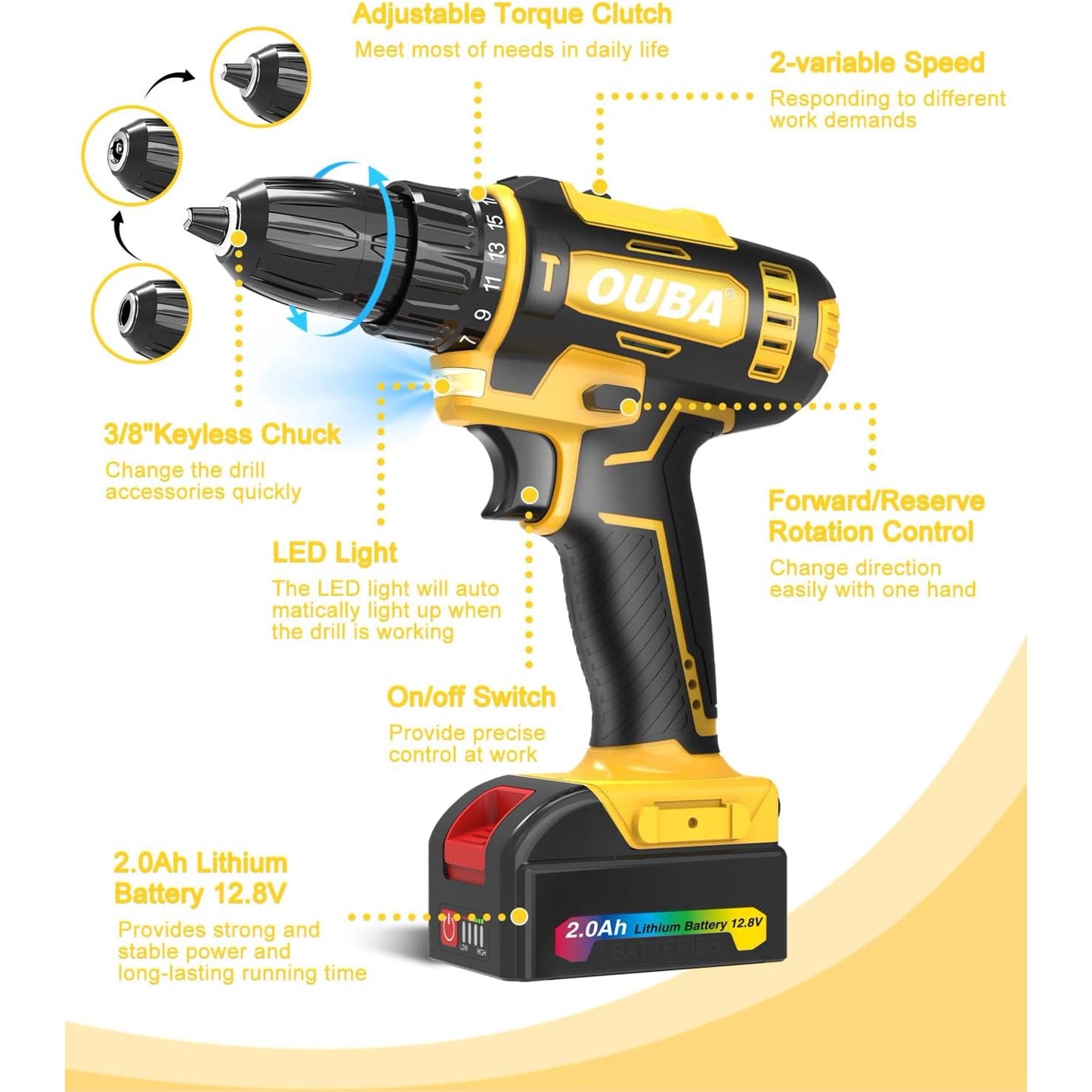 Cordless Drill Set,Electric Drills with Battery and Charger,Built-In LED for Home