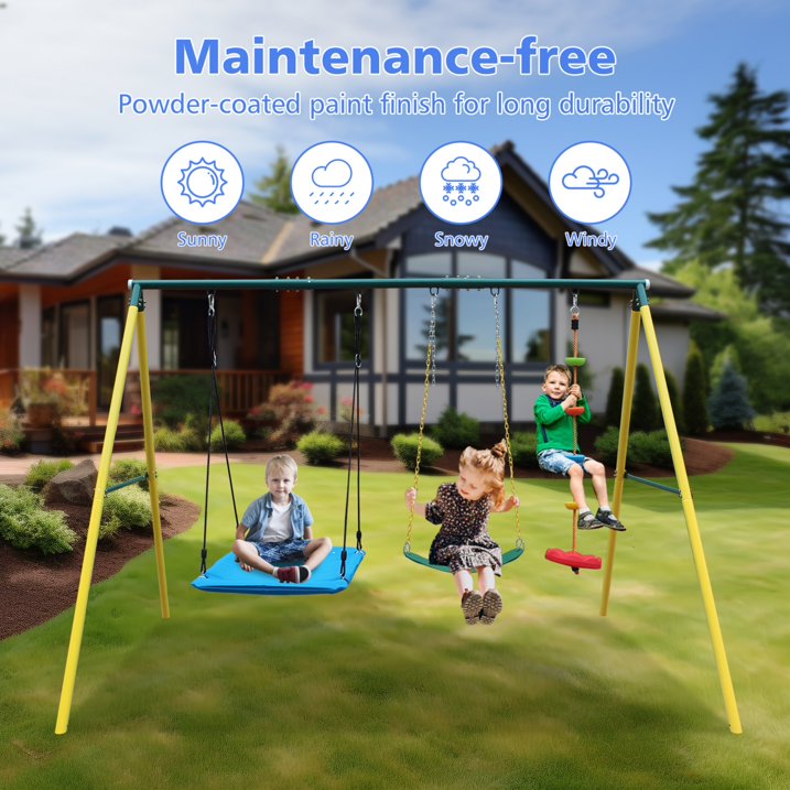 Metal Swing Set for Backyard, SHINPT Small Swing Sets for Kids Aged 3 12, 3in1 Toddler Swing Set with Climbing Rope, Belt Swing and Saucer Swing for Playground, Garden, Park, 300lbs Capacity