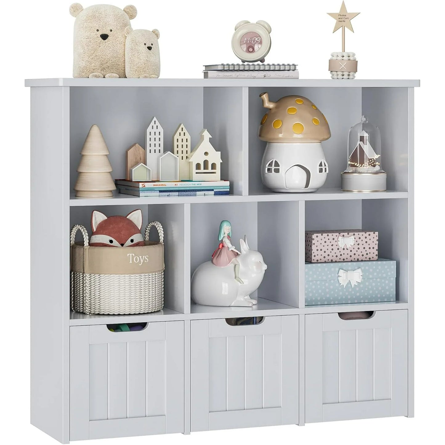 Kids Bookshelf and Toy Organizer, Wooden Kids Bookcase, Toddler Montessori Bookshelf with 3 Movable Drawers, Toy Storage Organizer for Kids Room, Living Room, Nursery
