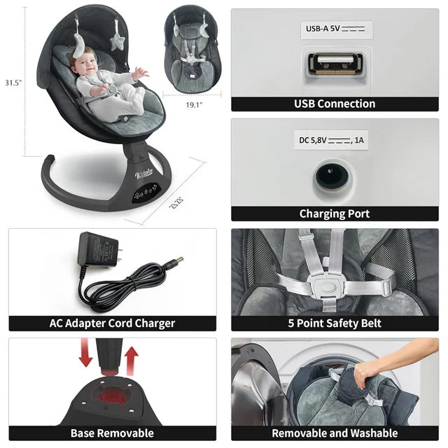 Baby Swing for Infant, Novashion Electric Bluetooth Music Bouncer Rocker with 5 Sway Modes, 3 Timing, Removable Cushion, Black