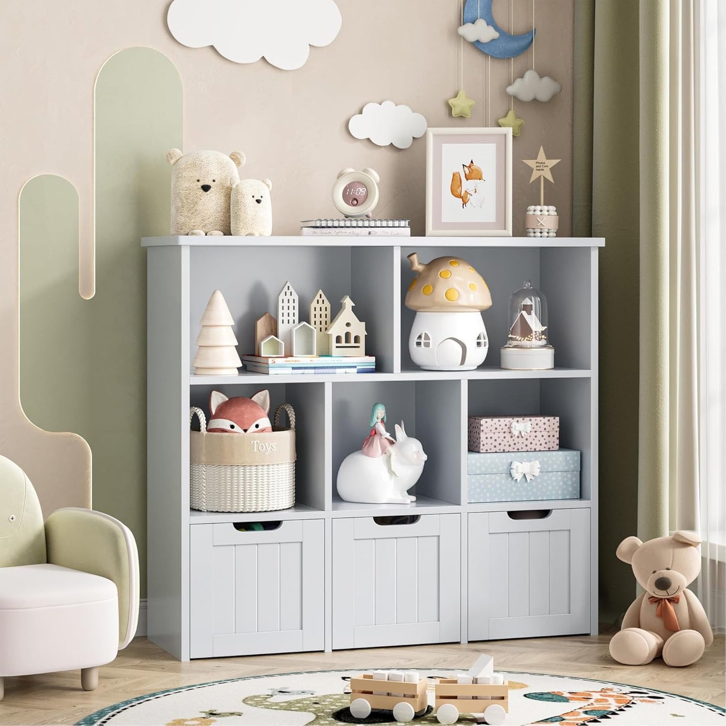 Kids Bookshelf and Toy Organizer, Wooden Kids Bookcase, Toddler Montessori Bookshelf with 3 Movable Drawers, Toy Storage Organizer for Kids Room, Living Room, Nursery