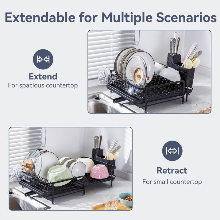 VUSIGN Extendable Dish Rack, Multifunctional Dish Rack for Kitchen Counter, Anti-Rust Drying Dish Rack with Cutlery & Cup Holders