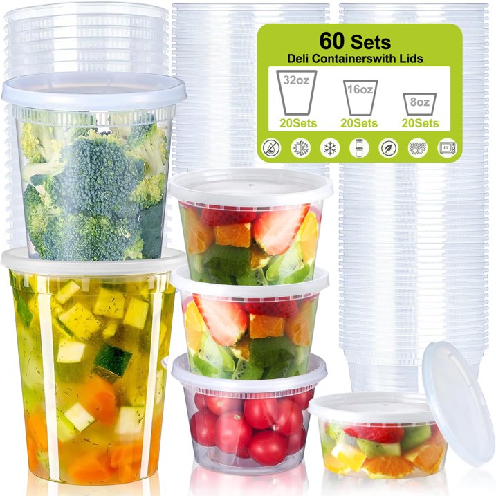stusgo 60 PCS Plastic Deli Containers with Lids,Soup Meal Prep Containers,20 8oz, 20 16oz, 20 32oz