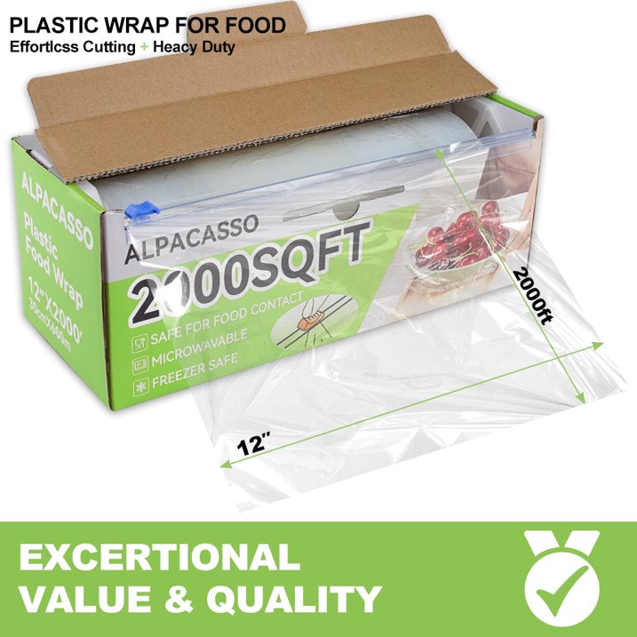 Alpacasso Plastic Food Wrap with Slide Cutter and Bpa-Free Cling wrap 12IN×2000FT