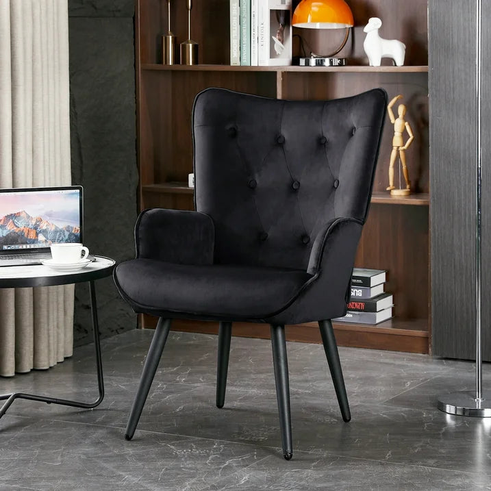 Black Velvet Accent Chairs for Living Room Upholstered Sitting Chair Mid Century Leisure Chairs