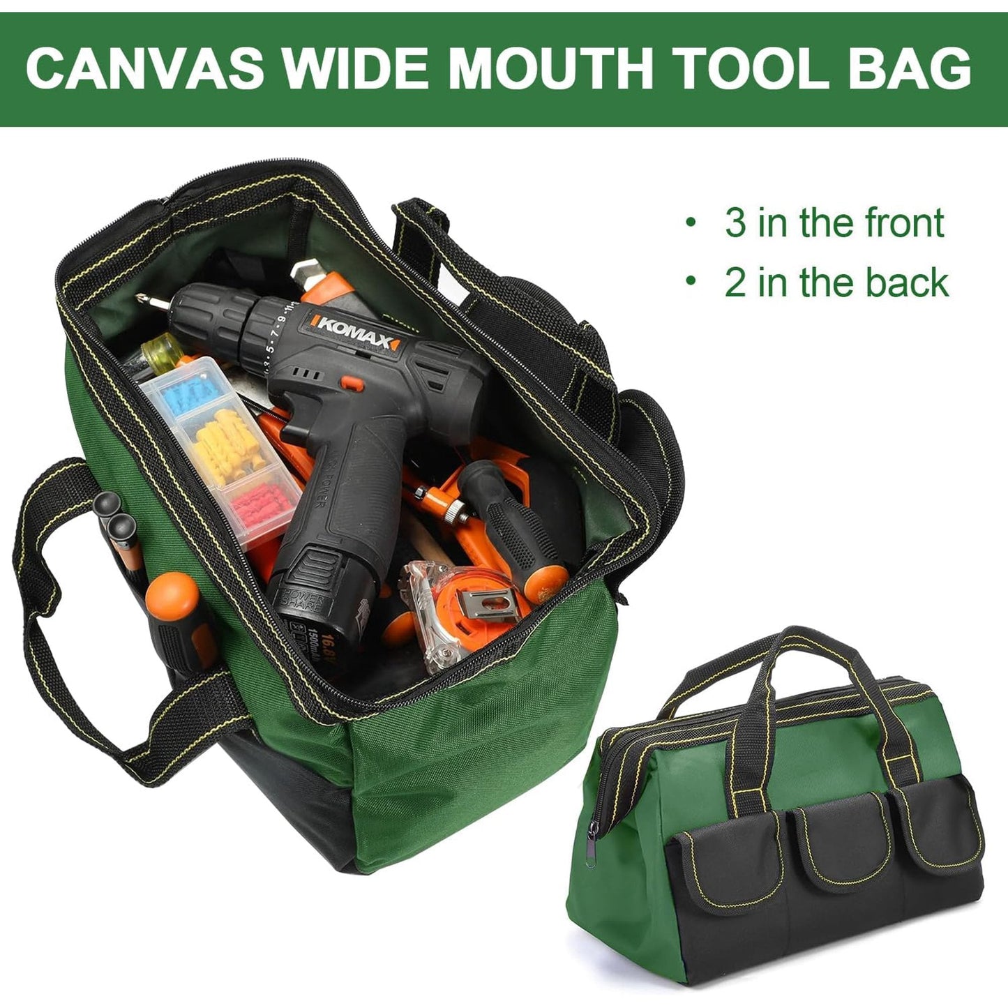 18 Inch Wide Mouth Tool Bag for Professionals, Waterproof and Durable. Great for Construction Electricians Carpentry and DIY Enthusiasts, Green