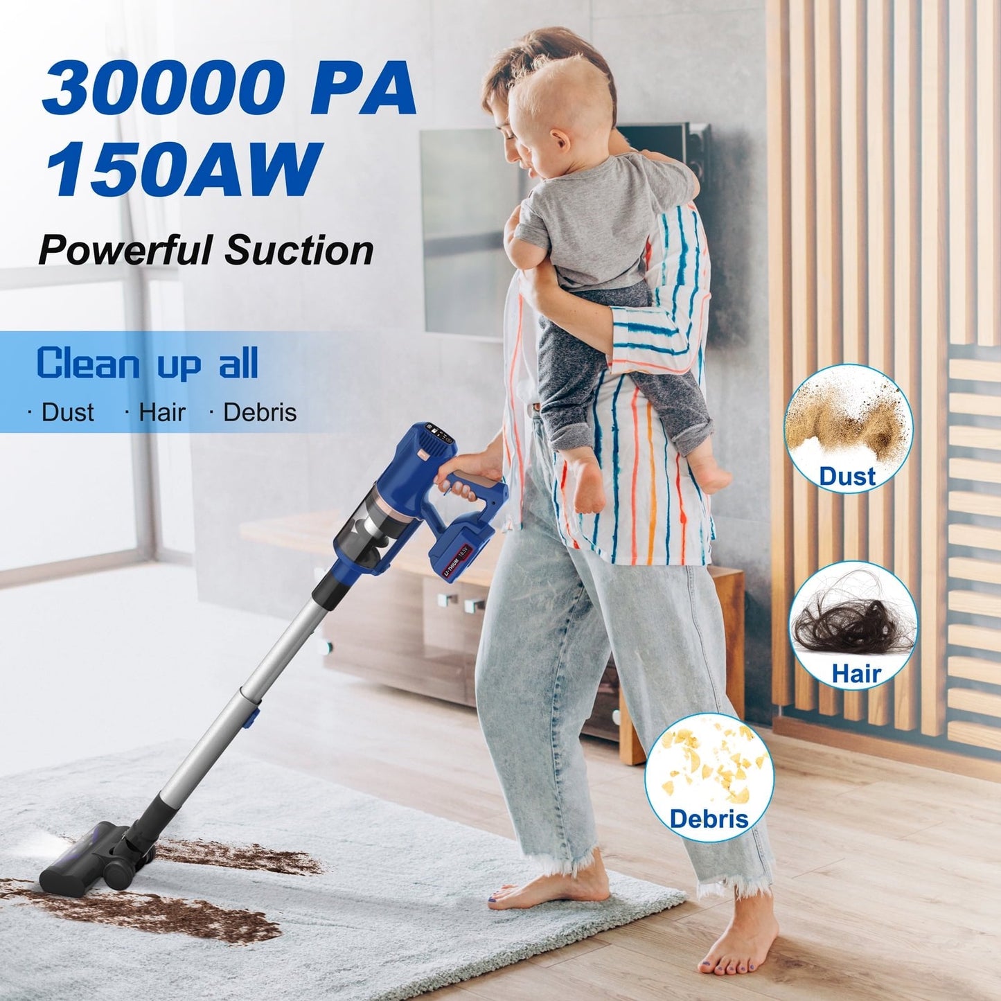 YOMA Cordless Vacuum Cleaner,30Kpa 60Mins Stick Vacuum Cleaner with LED Touch Screen,Lightweight Vacuum for Home Pet Hair Carpet Hard Floors V11(Blue)