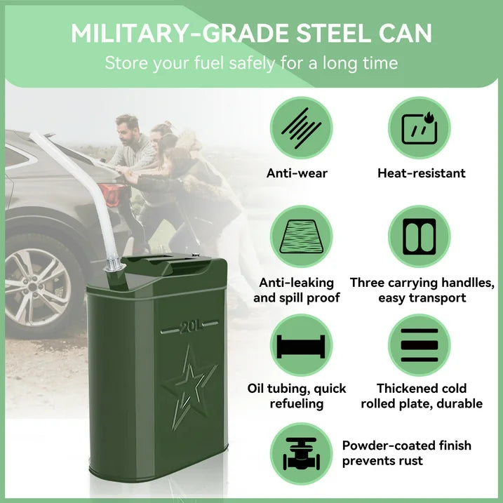 Deli Jerry Fuel Can,Metal Gas Can 5.3 Gallon / 20 L, 5 Gallon Gas Cans for Gasoline, Trucks Cars Motorcycle Equipment,Green,1 Pack