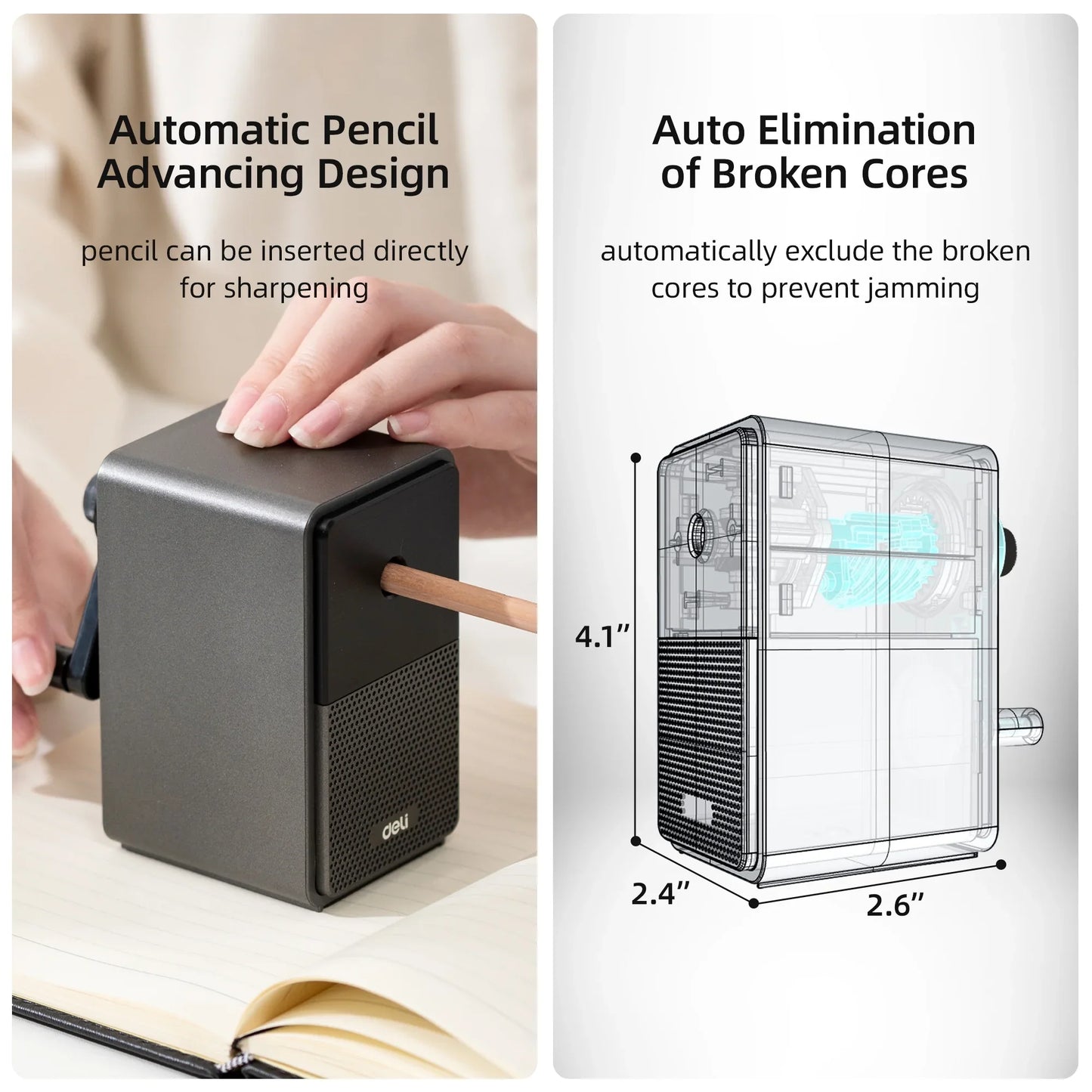 Deli Manual Pencil Sharpener - Auto-in Hand Crank with Adjustable Point, Stronger Helical Blade to Fast Sharpen, Home and Office, Black