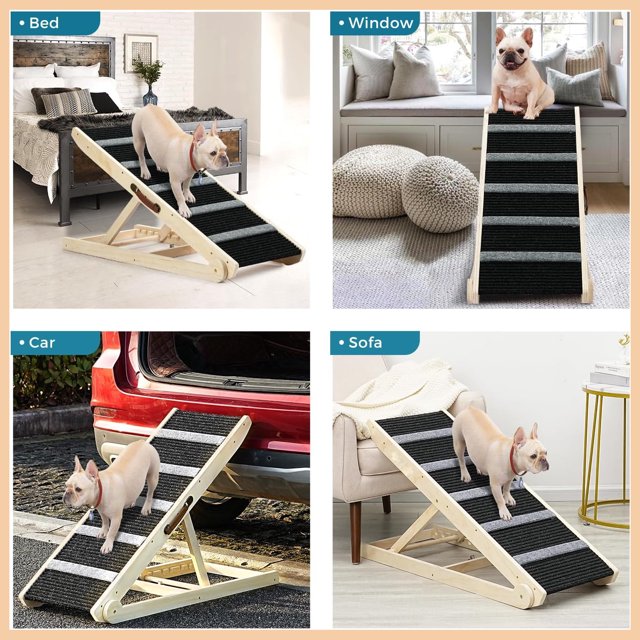 Wooden Adjustable Pet Ramp for All Dogs and Cats, Folding Dog Car Ramps for SUV, Bed, Couch