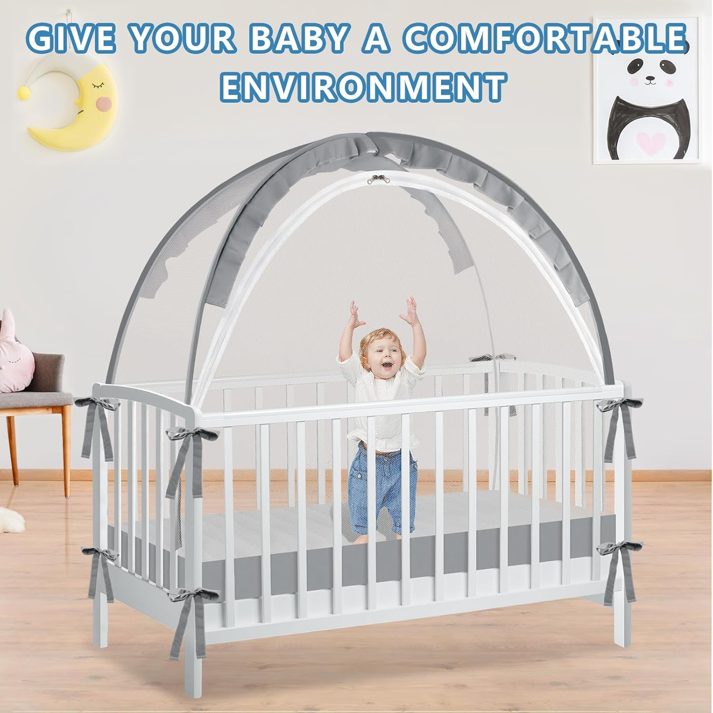 Baby Safety Crib Tent, Crib Net to Keep Baby in, Stop Baby from Climbing Out of Crib, Pop Up Baby Crib Tent with Double Zip Strong Rods, Breathable, Grey