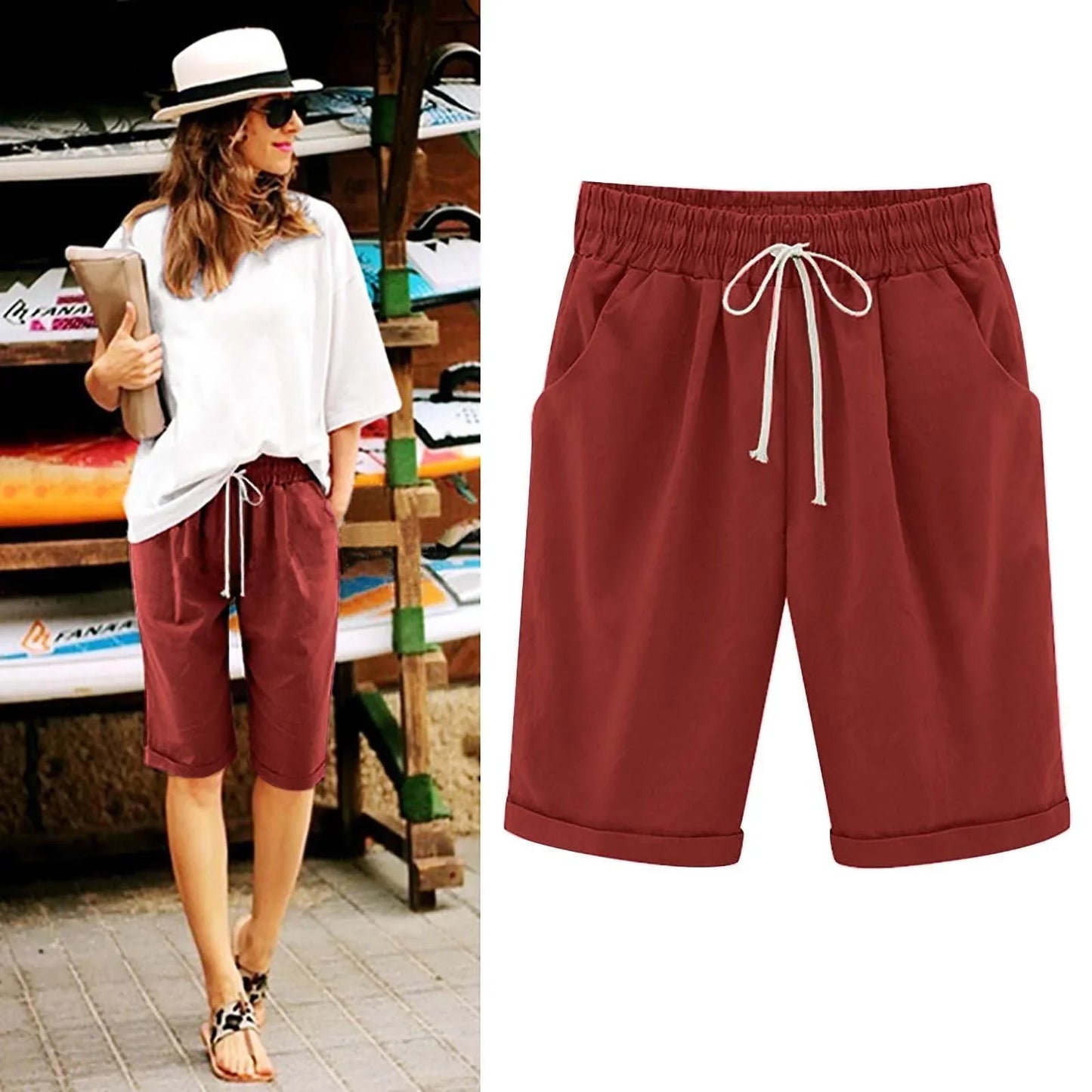 Kaemgyyd 2025 Womens Summer Shorts Casual Comfy Cotton Linen Drawstring Beach Shorts Lightweight Elastic Waist Shorts with Pockets