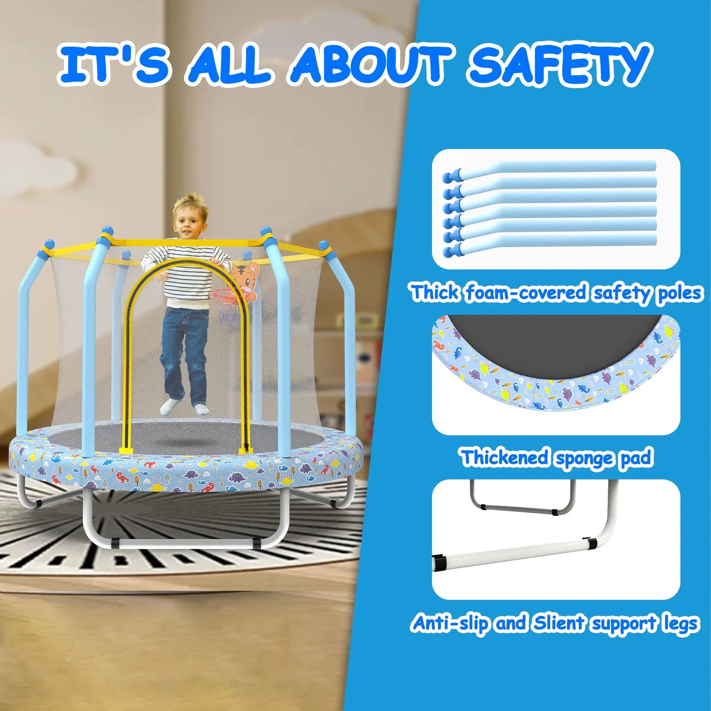 BTMWAY 55 Toddler Trampoline with Enclosure, Child's Mini Trampoline for Kids, Indoor Outdoor Baby Trampoline with Basketball Hoop, Children's Trampoline with ASTM Certification