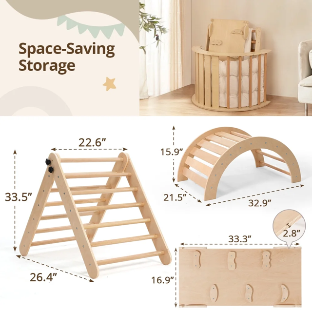 Pikler Triangle Set, RongTrading Montessori Climbing Set, Wooden Climbing Toys, with Arch, Ramp, Ladder, Tent and Cushion, Indoor Jungle Gym for Toddlers 0.5-6 Years Old