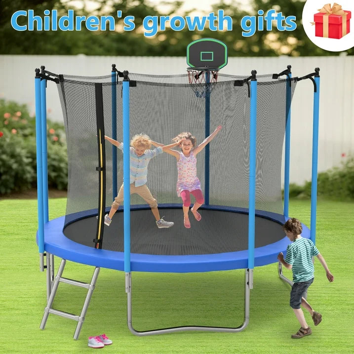 BTMWAY 10ft Trampoline for Kids, Backyard Trampolines Outdoor Indoor, Kids Trampoline with Basketball Hoop, Recreational Trampolines with Enclosure Net Ladder, Spring Cover Padding, Blue