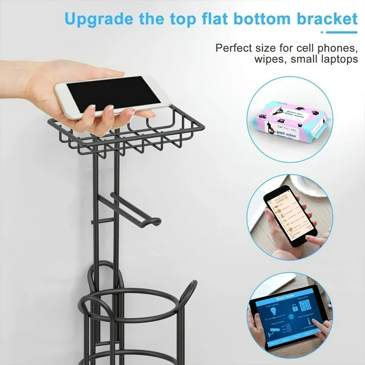 stusgo Inserted Tube Upgraded Toilet Paper Holder Free Standing, Paper Roll Dispenser with Top Storage Shelf for Bathroom-Black