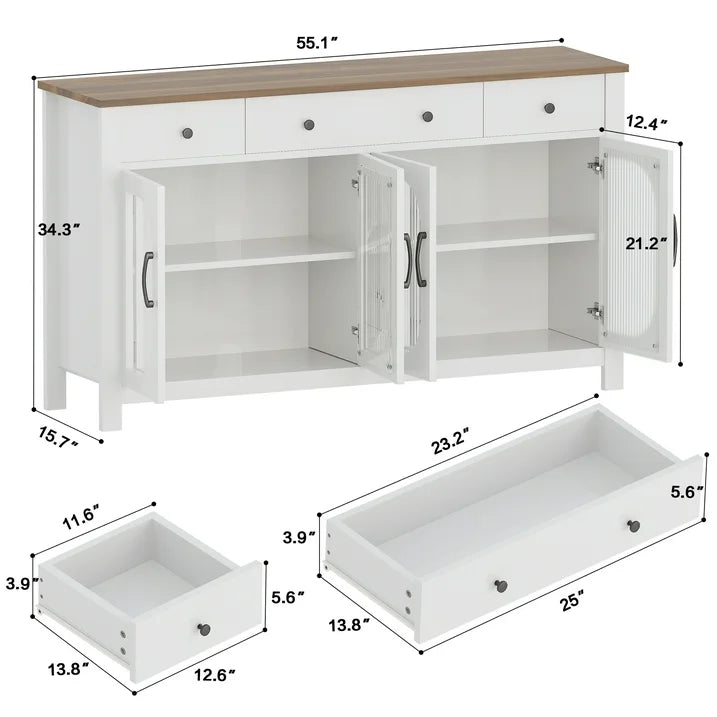 spanspace 55" Large Sideboard Buffet Cabinet with Storage, Buffet Table with 3 Drawers and 4 Glass Doors, Kitchen Buffet Storage Cabinet Coffee Bar Cabinet for Living Room,White