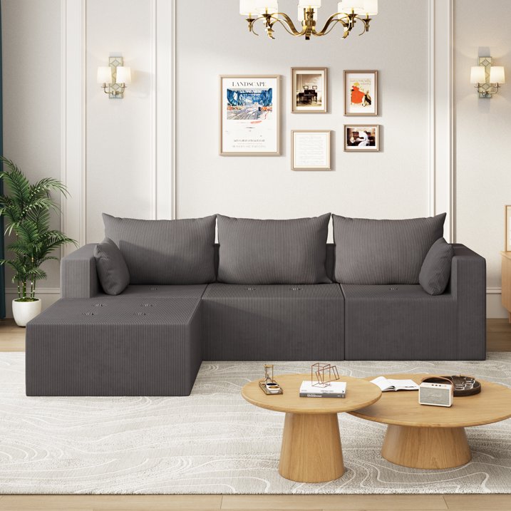 104 Modular Sectional Sofa, L Shape Sectional Sofa Couch with Deep Seat, Free Combination Corduroy Couches for Living Room, No Assembly Required, Grey