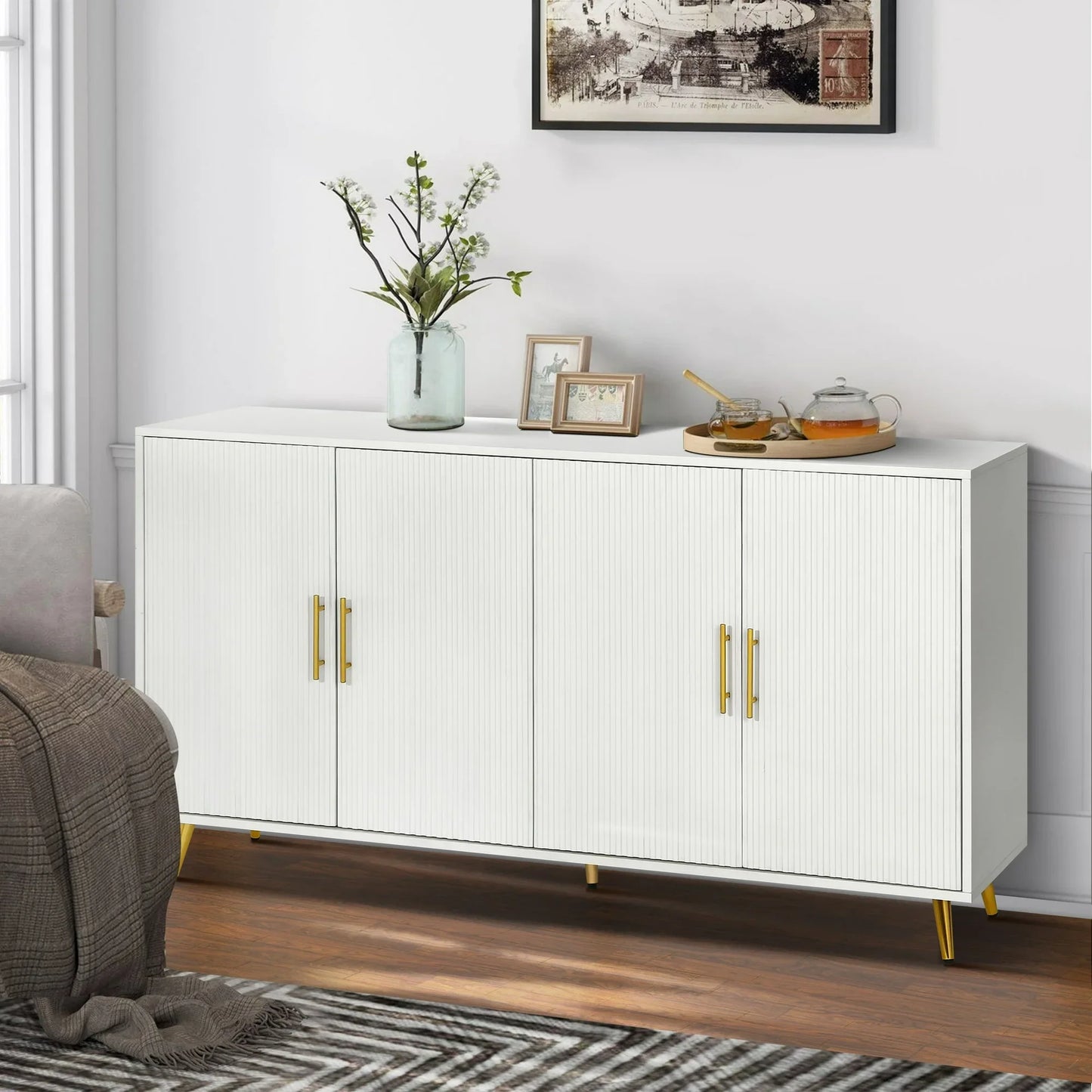 Wood TV Stand with Storage Cabinet & Adjustable Shelves, Media TV Console for Living Room Bedroom