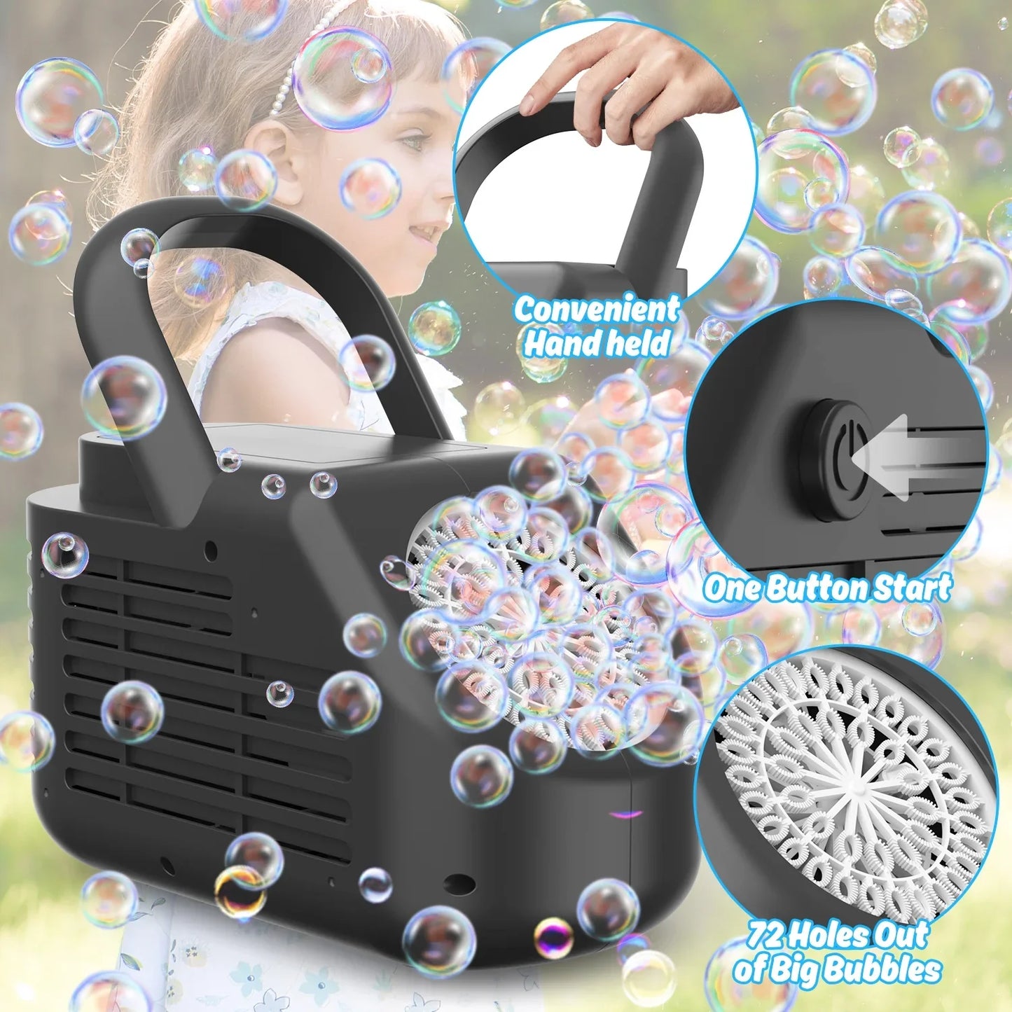 JoyStone 42 Hole Automatic Bubble Machine, High-Output Bubble Maker, 20000+ Bubbles/Minute, Portable Handle, Perfect for Outdoor Parties, Gifts for 3+ Ages, Black