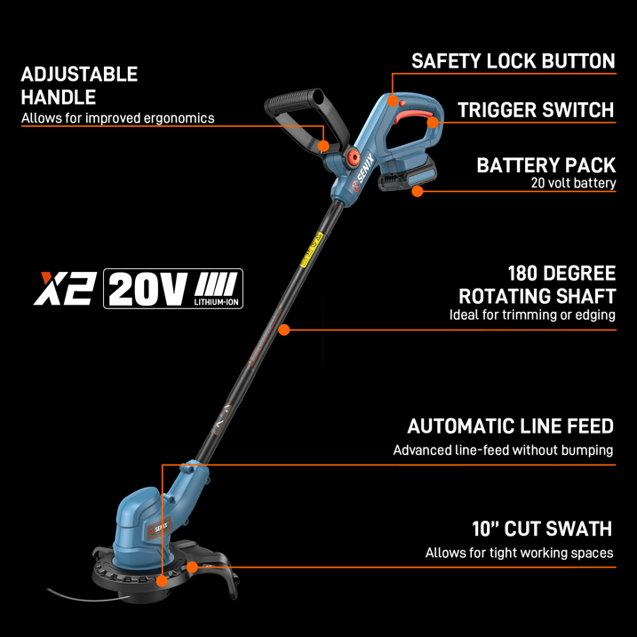 SENIX 20V 10 Cordless Weed Eater, Grass Trimmer, Rotating Split Shaft, Angle adjust Assistant Grip, Auto Line Feed w/ 2.0Ah Battery Charger, GTX2 L