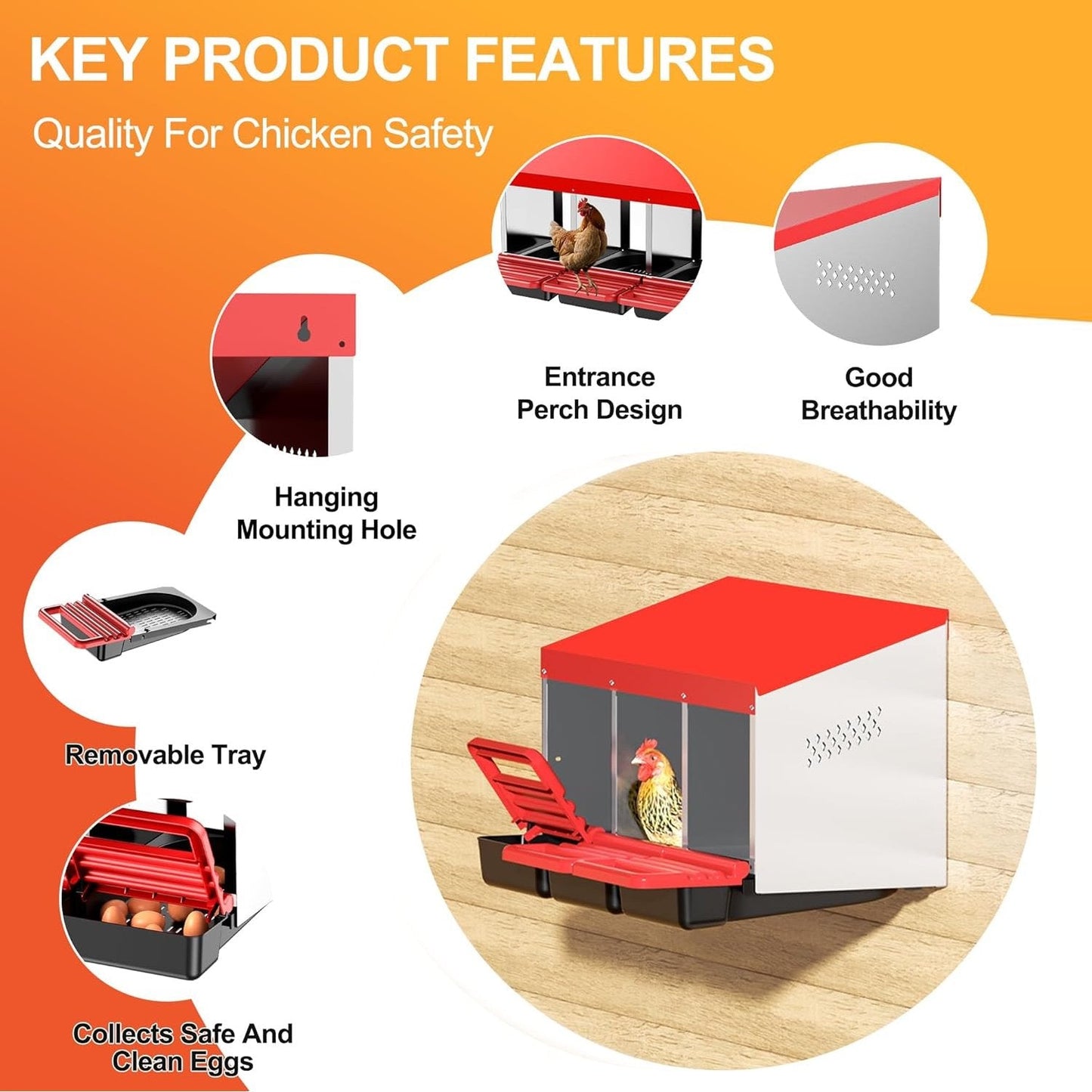 Chicken Nesting Boxes, 3 Hole Metal Chicken Egg Laying Box with Swing Perch and Rollout Egg Collection for Chicken Coop