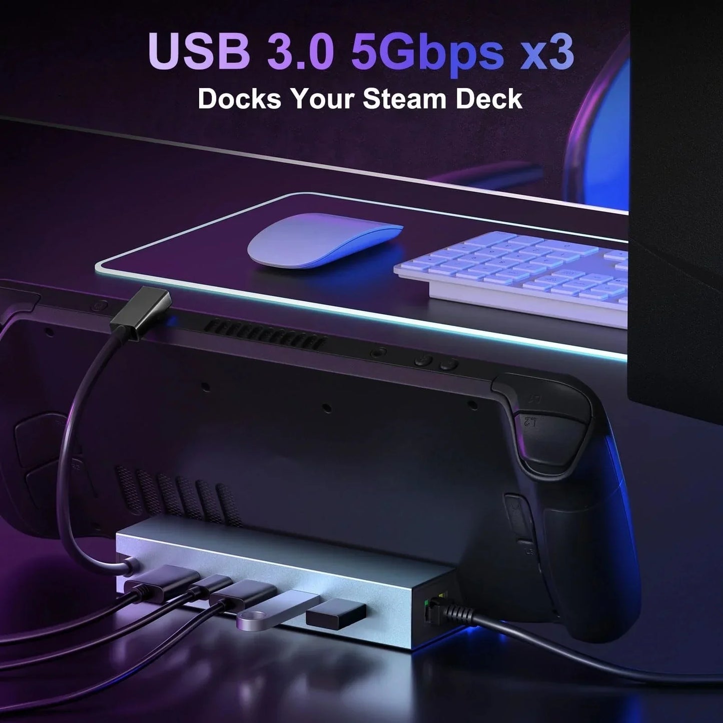Docking Station for Steam Deck, 6 in 1 Stream Deck Dock with HDMI 2.0 4K 60Hz, 1Gbps RJ45 Ethernet, 3 USB 3.0 5Gbps, and 100W Charging USB-C Port Compatible with ROG Ally, Steam Deck, Laptop