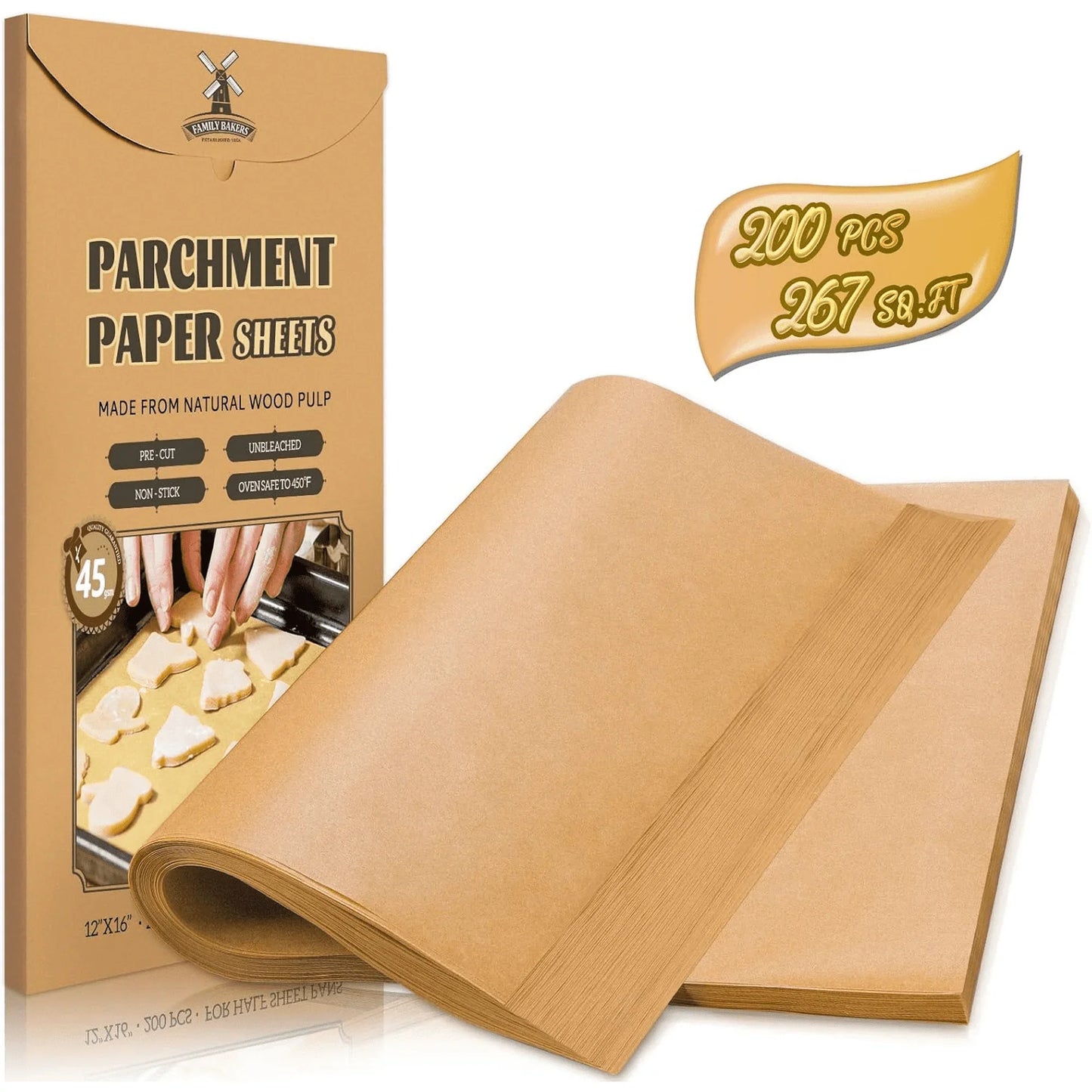 Alpacasso 200 Pcs Parchment Paper Baking Sheets, 12x16 Inches Non-Stick Precut Baking Parchment, for Baking Grilling Air Fryer Steaming Bread Cup Cake Cookie and More (Unbleached)