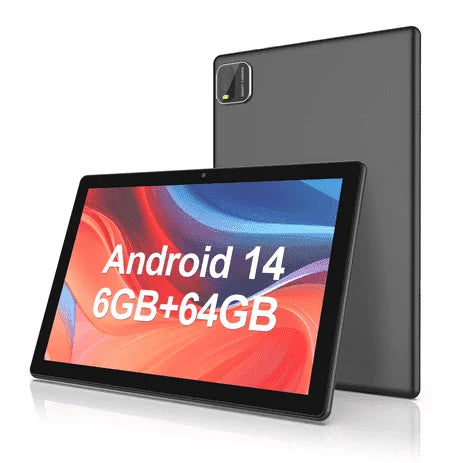 Android 14 Tablet 10.1 inch Tablet, 6GB RAM 64GB ROM (1TB TF), Quad Core 2.0 GHz, WiFi 6, Bluetooth 5.0, Widevine L1, 2MP 8MP, 6000mAh