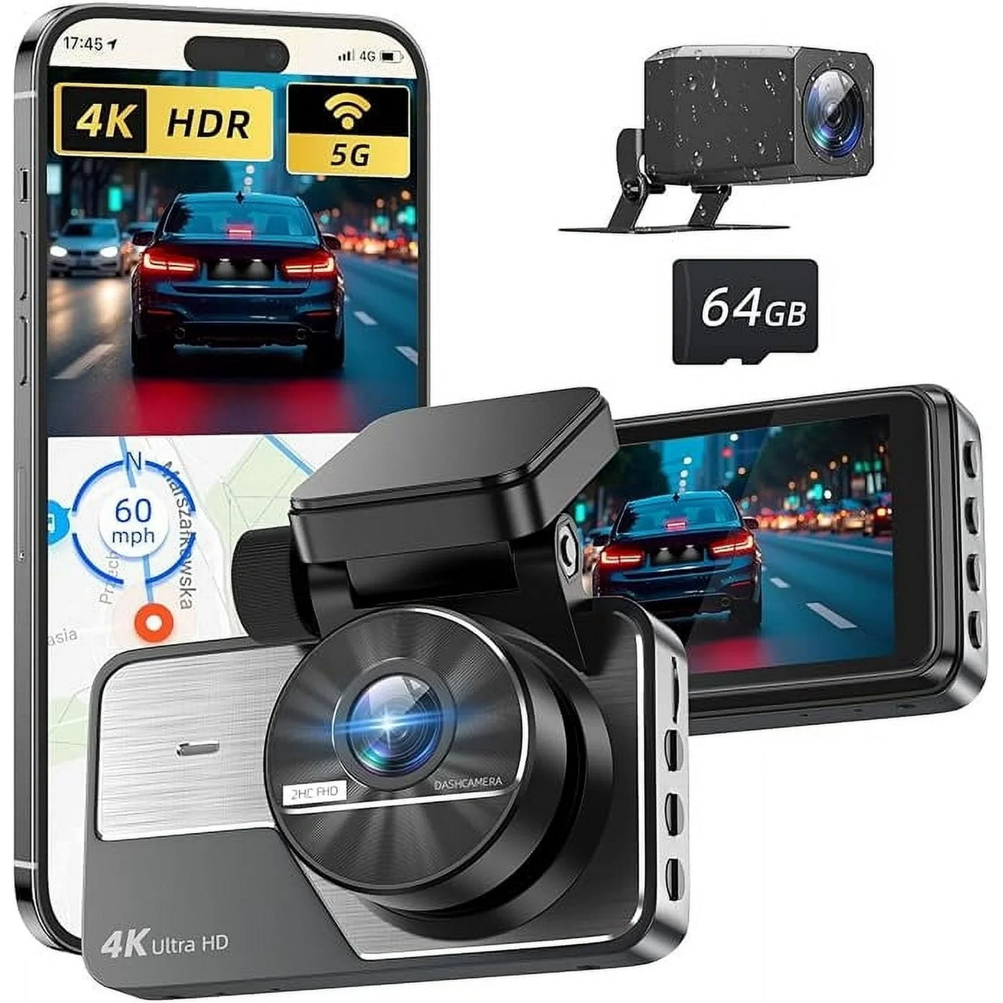 Charlore Dash Cam Front and Rear,4K 2K Full HD Dual Dash Camera for Cars,Built in 5G WiFi,GPS,64GB Card,Car Camera with 3 IPS Screen,UHD 2160P Night Vision, HDR,G Sensor, App Control.