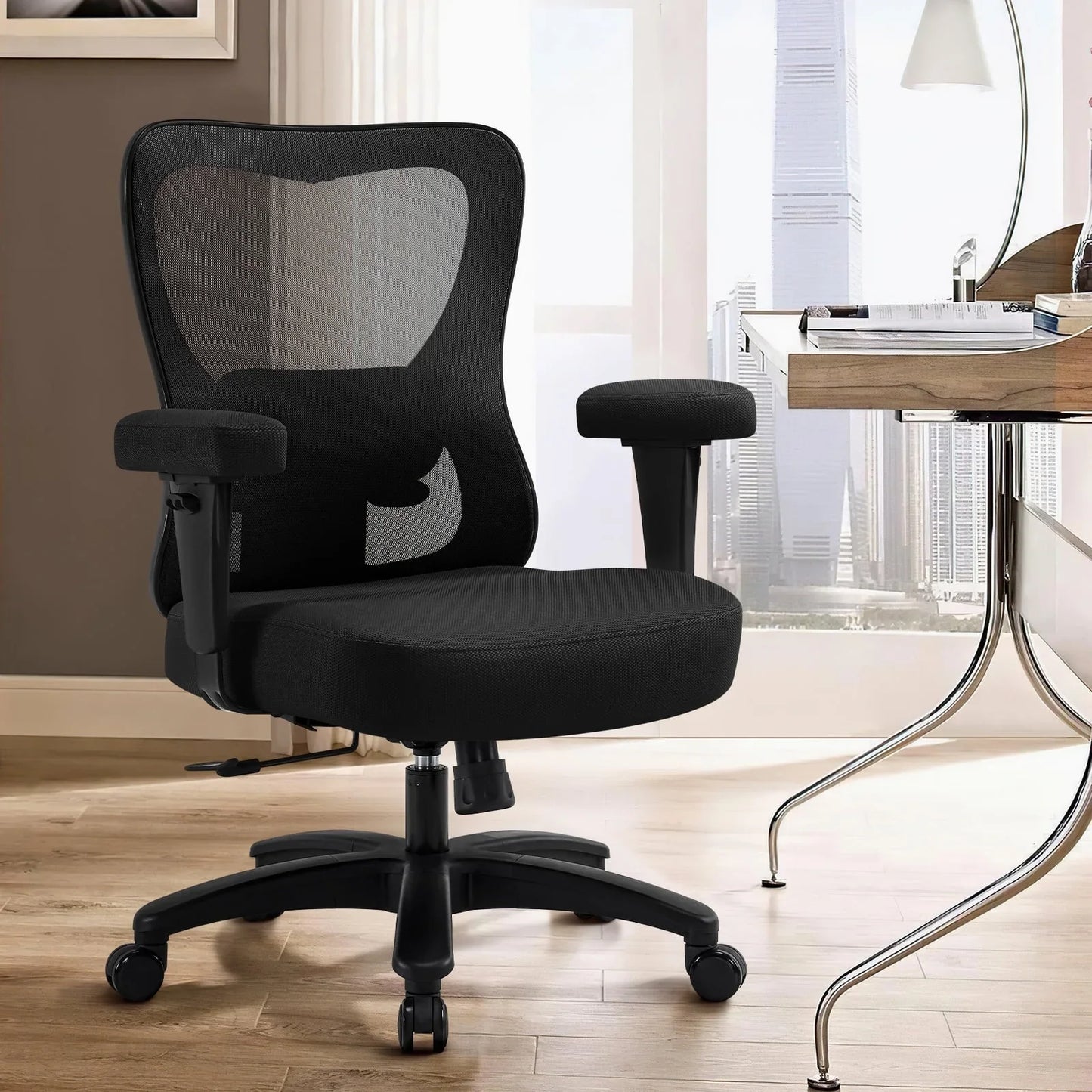 Ergonomic Office Chair, Mesh Desk Chair with Wide Thick Seat Cushion, Oversize Home Desk Chair with Adjustable 2D Headrest, Lumbar Support Armrests for Work Gaming,Black