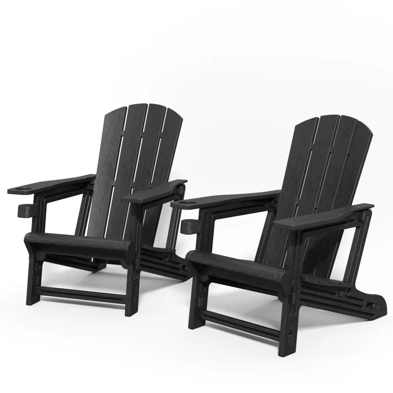 GlasFlength Folding Adirondack Patio Seating Sets, 2PCS with Cup Holder, Suitable for Indoor, Outdoor , Garden, or Backyard,Black, 31.4"*29.6"*36.4"