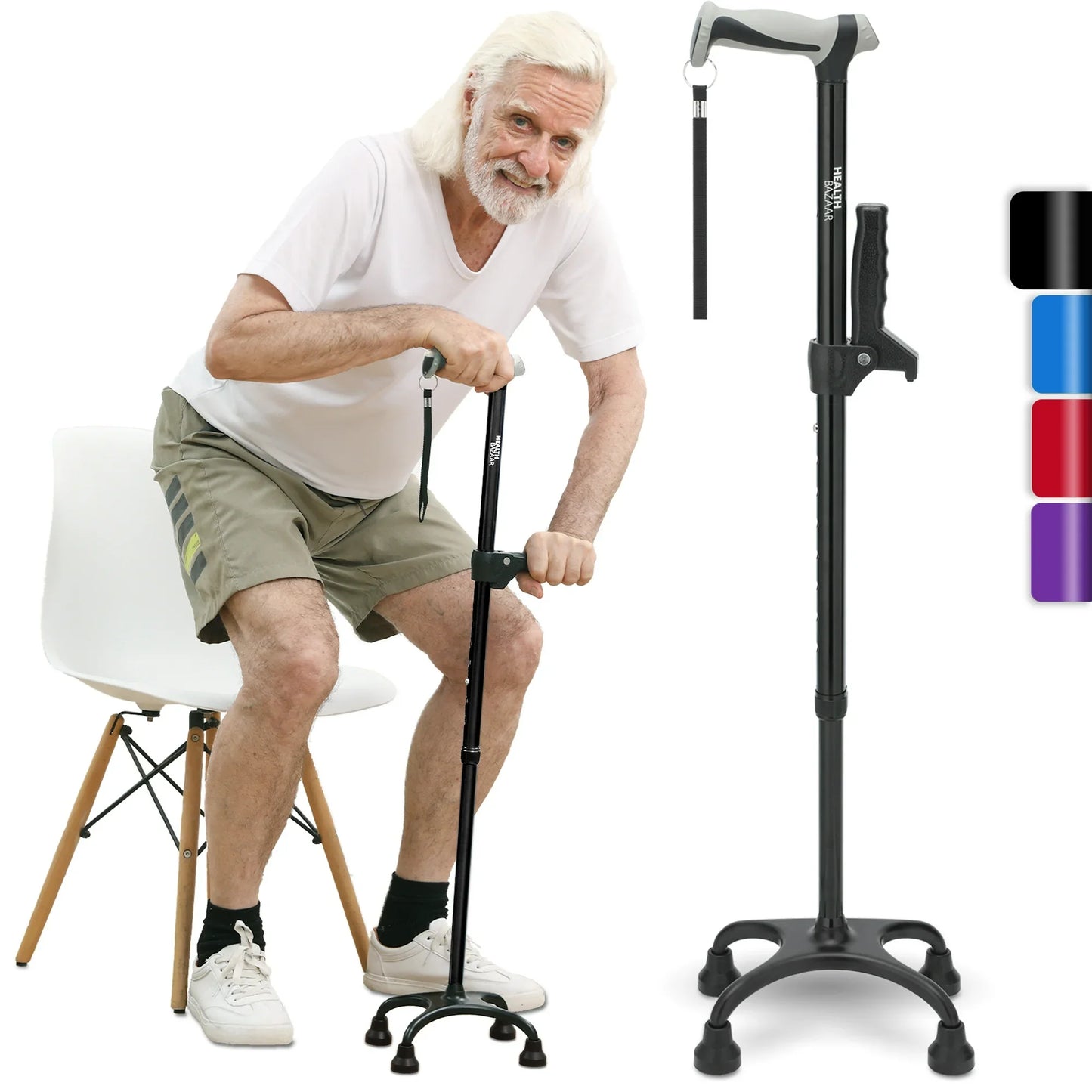 HEALTHBAZAAR Quad Cane Walking Cane for Women Men for Balance Stability Adjustable Lightweight Walking Stick Black