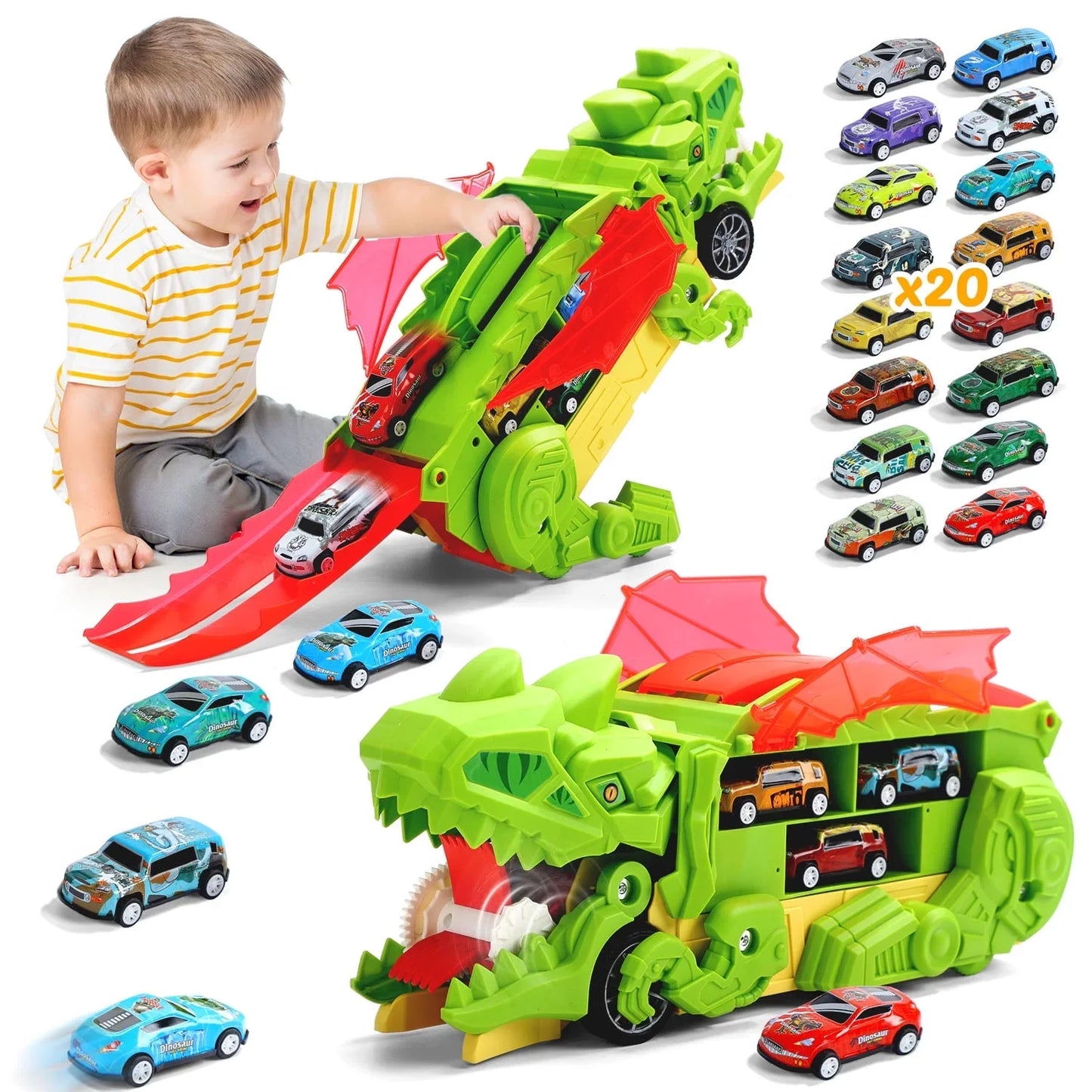 JoyStone 20 in 1 Dinosaur Transport Truck with 20 Cars, City Dinosaur Ultimate Hauler Track Toy, Transforms into Stomping Standing Dinosaur Toddler Toys Birthday Gift for Kids Ages 3