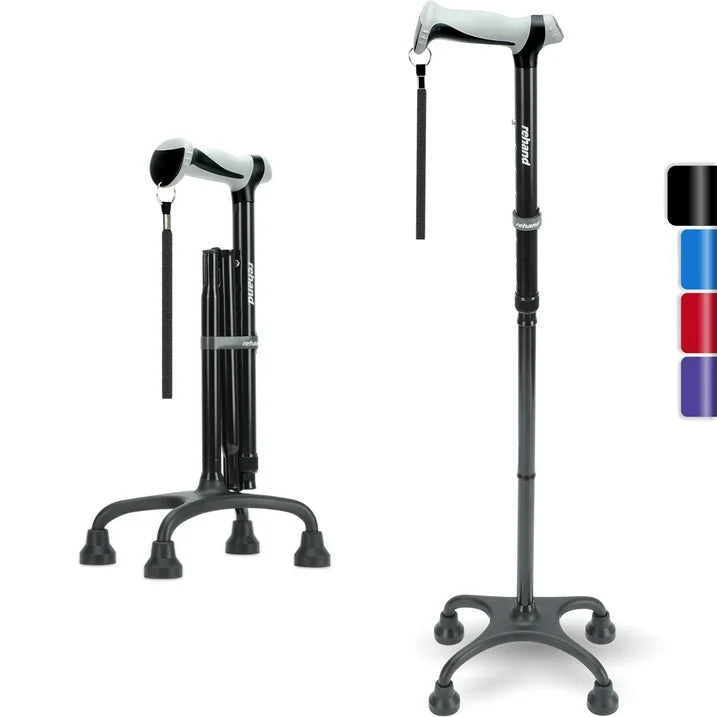 REHAND Adjustable Foldable Quad Cane,Lightweight Walking Cane for Men Women with 4 Pronged Base for Extra Balance Stability,Black