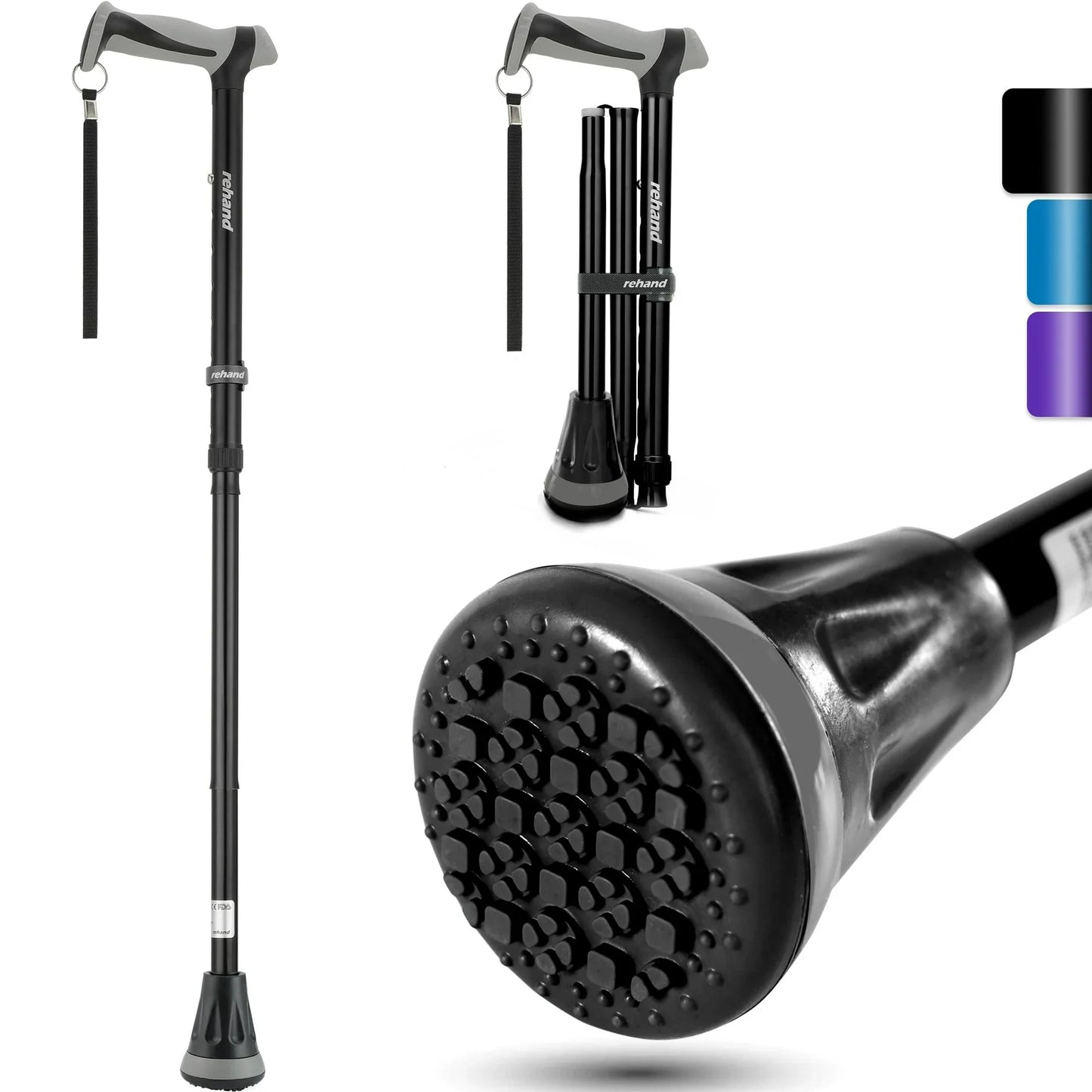 REHAND Adjustable Foldable Walking Cane for Seniors Lightweight Heavy Duty Canes with Non-Slip Grip, Collapsible Design (Black)