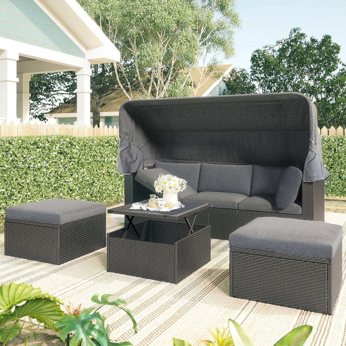 Patio Sectional Daybed, Outdoor Wicker Furniture Set with Retractable Canopy, Sectional Sofa Set w/Height Adjustable Table Cushions for Patio Deck Poolside Garden Backyard