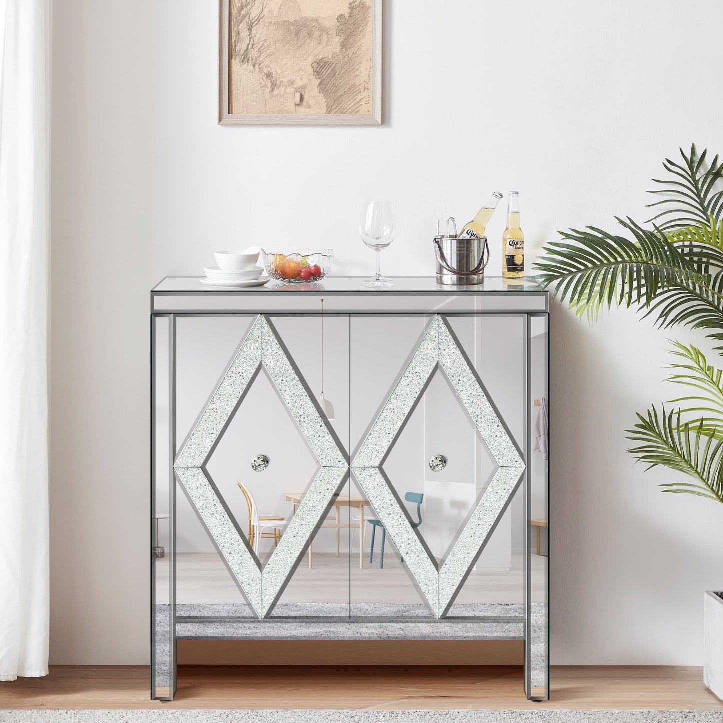 Storage Cabinet with Mirror Trim And Diamond Shape Design Spliced Combination for Living Room, Dining Room, Entryway, Kitchen