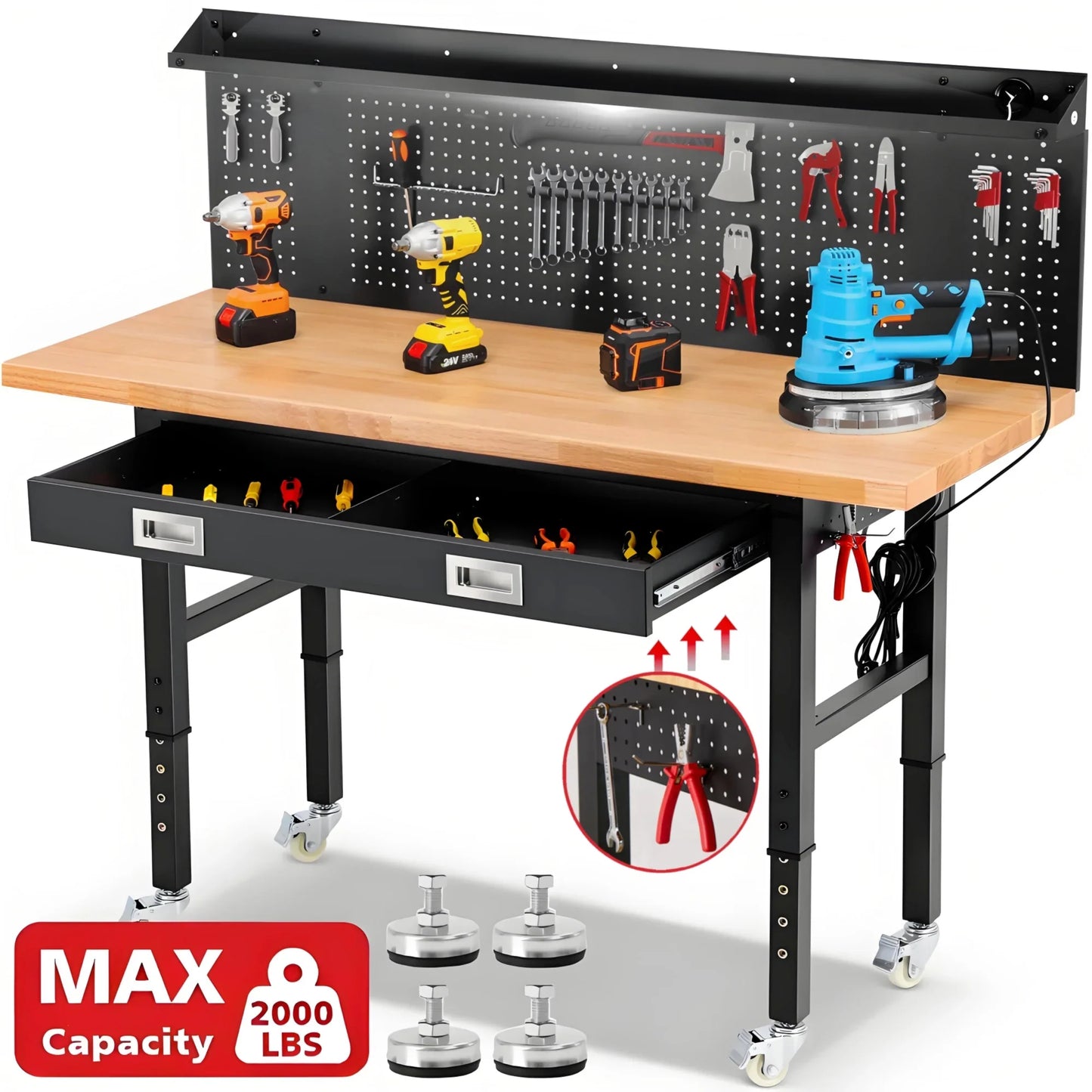 Workbench for Garage,ENJOYWOOD Heavy Duty 60 inch Wood Work Bench with Drawers,Led Lights, Pegboard and Wheels,Rubber Wood Tabletop,2000 LBS Load Bearing Workstation Garage Desk Table Worktable