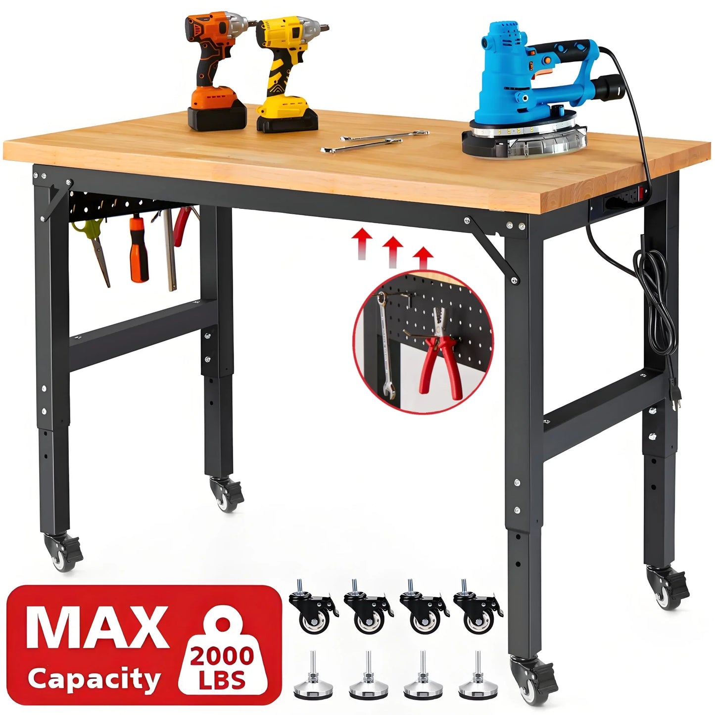 Workbench for Garage,ENJOYWOOD Rolling Heavy Duty 48 inch Wood Work Bench with 4 Wheels,Rubber Wood Tabletop 2000 LBS Load Bearing Workstation Garage Desk Table Work Table