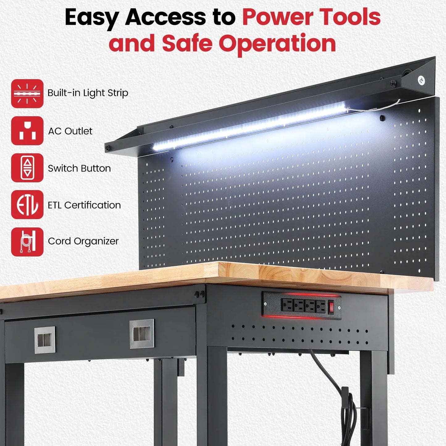Workbench for Garage,ENJOYWOOD Heavy Duty 60 inch Wood Work Bench with Drawers,Led Lights, Pegboard and Wheels,Rubber Wood Tabletop,2000 LBS Load Bearing Workstation Garage Desk Table Worktable