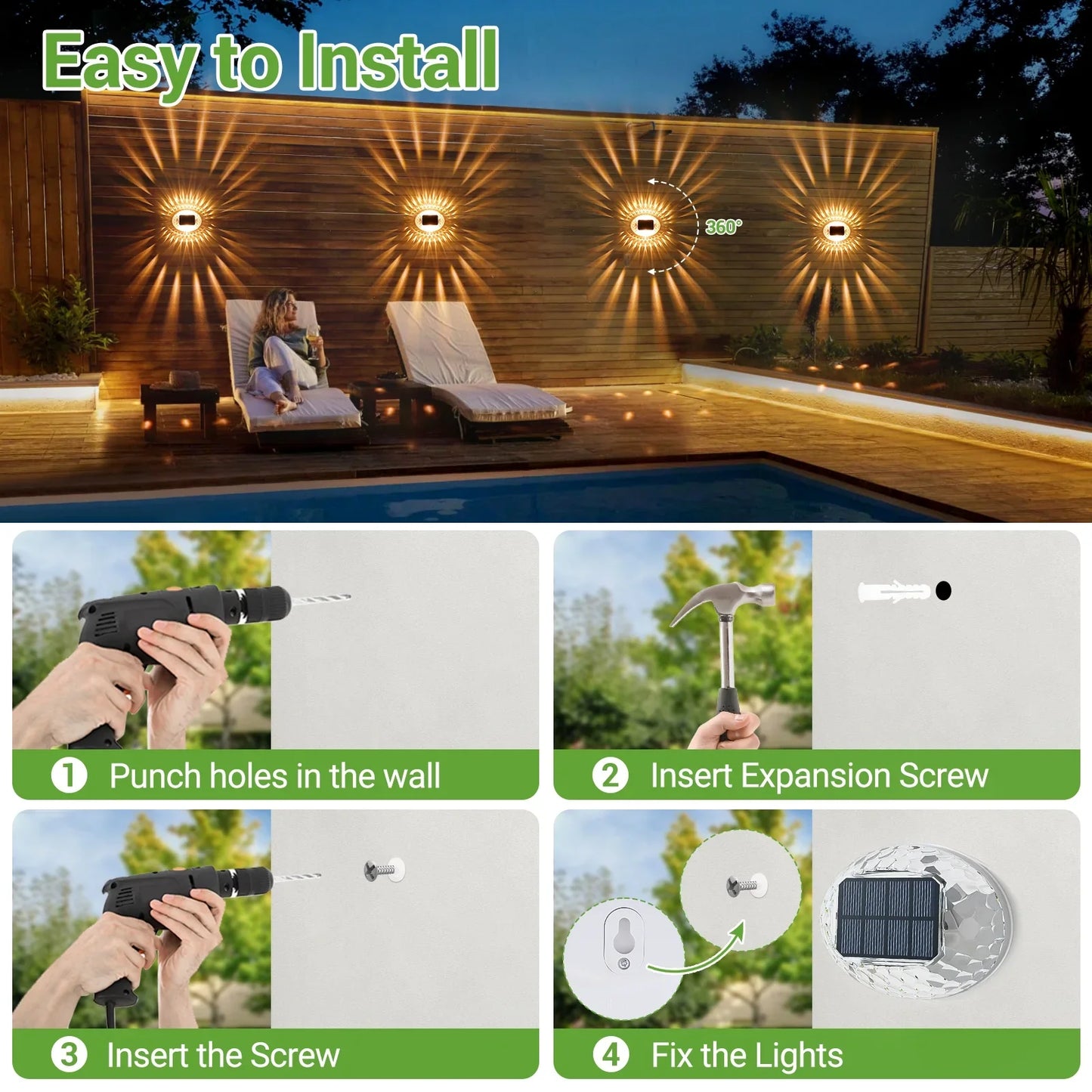 ASHIP Solar Lights, 4 Pack Solar Fence Lights Outdoor Waterproof, Auto On/Off, Warm White Outdoor Wall Decor Lights, Fence Light for Backyard Deck Stairs Garden Patio Decor