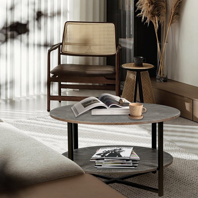 31.5 D 31.5 W 18.3 H Round Coffee Table With 2 Tier Storage, Farmhouse Living Room Cocktail Table with Black Metal Leg, Patchwork Desktop Effect Easy Assembly (Antique Brown)