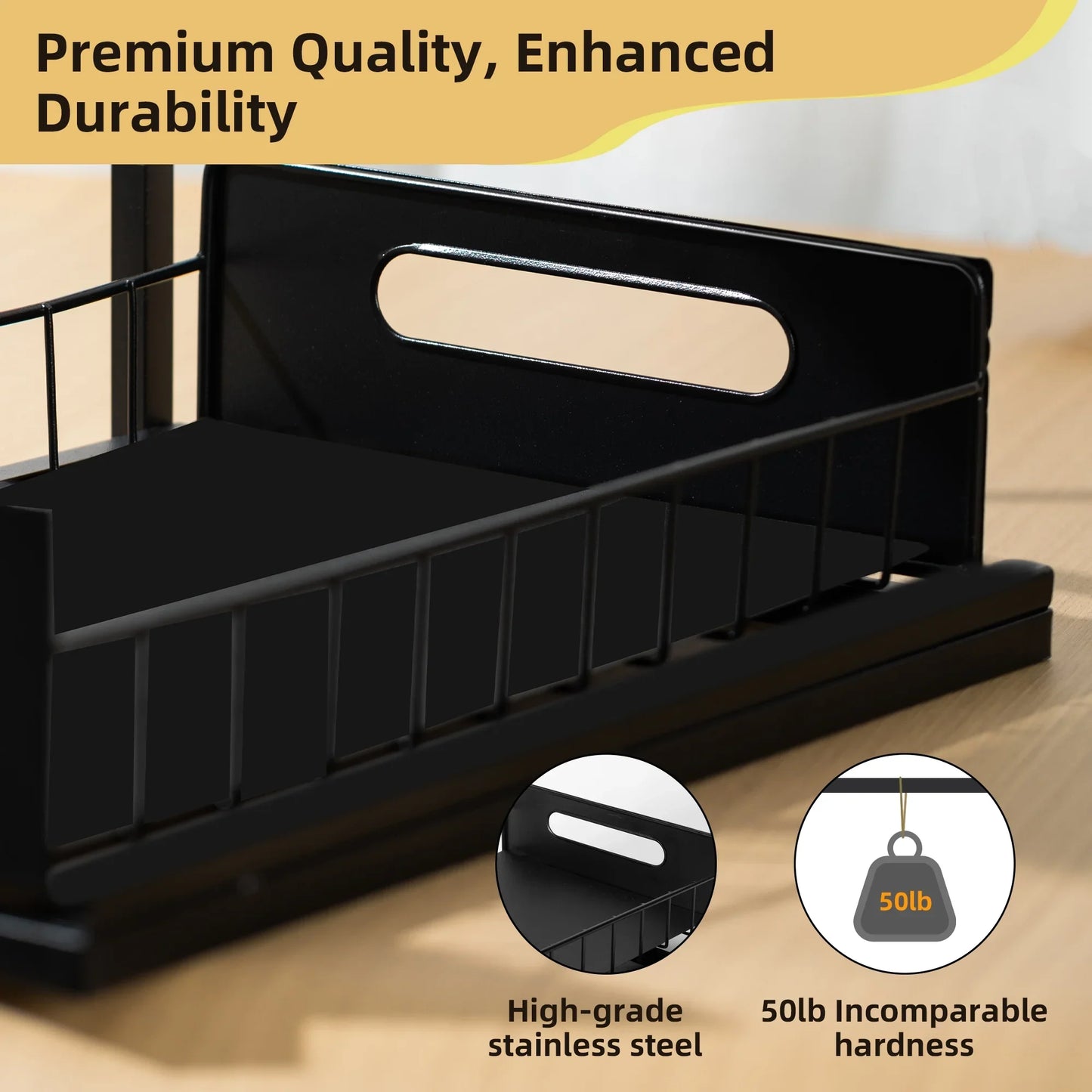 VUSIGN 2-Tier Metal Under Sink Organizers and Storage, Pull Out Cabinet Shelf with Sliding Basket for Kitchen Bathroom, Black