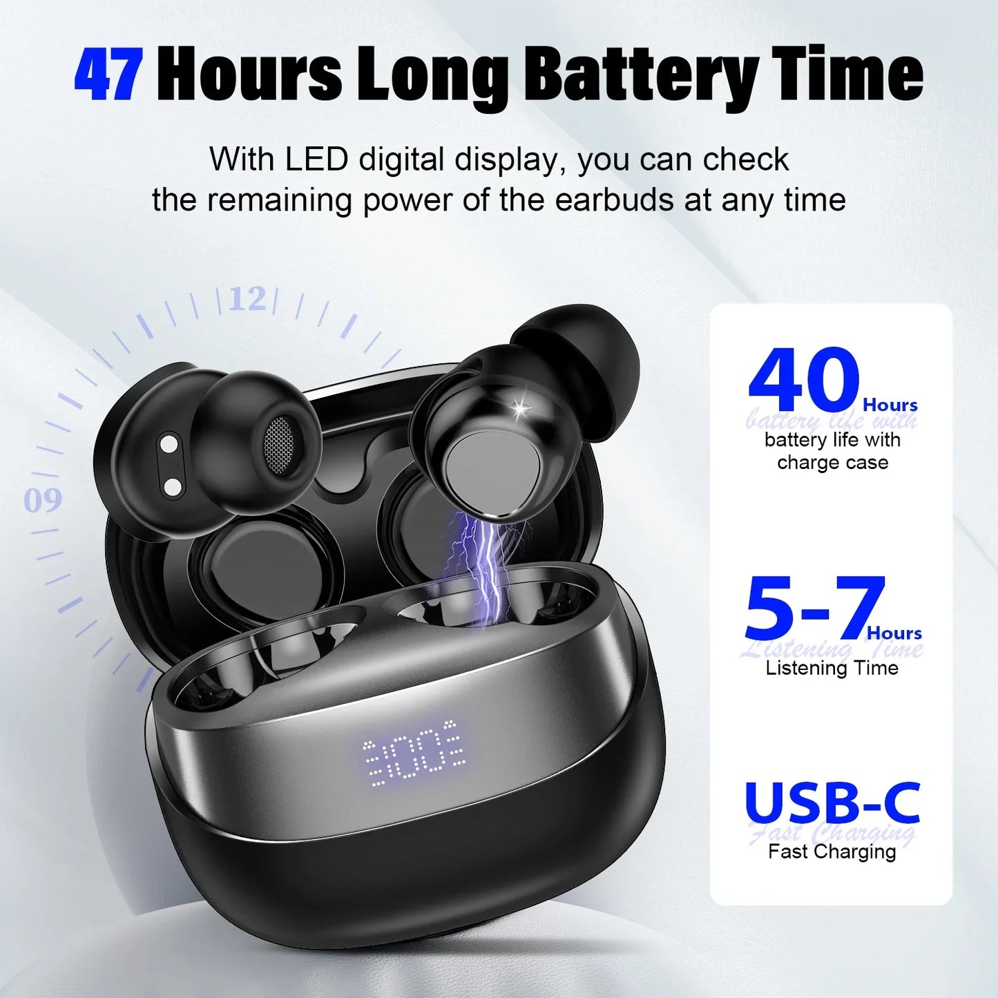 Sleep Headphones, Noise Cancelling Wireless Earphones for Side Sleepers, Bluetooth 5.4 in Ear Light Weight Sleep Earbuds, 47H Playtime Clear Calls Earphones for Sleeping, Exercise, Working, Hiking