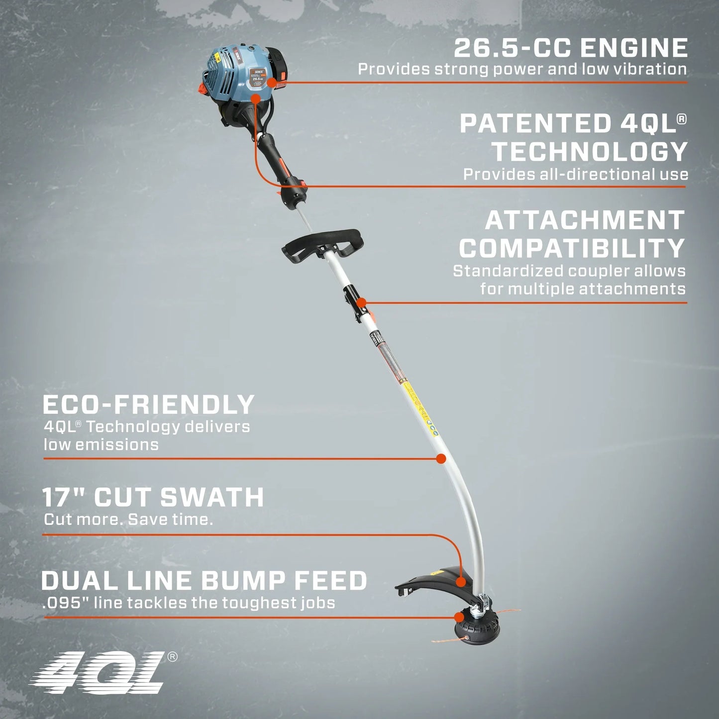 Senix 4 Cycle 26.5cc Trimmer with Curved Shaft Attachments, Model 4QL